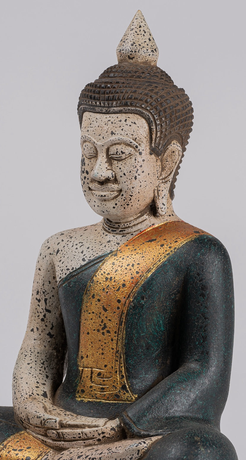 Buddha Sculpture - Antique Khmer Style Wood Seated Buddha Statue Dhyana Meditation Mudra - 40cm/16"