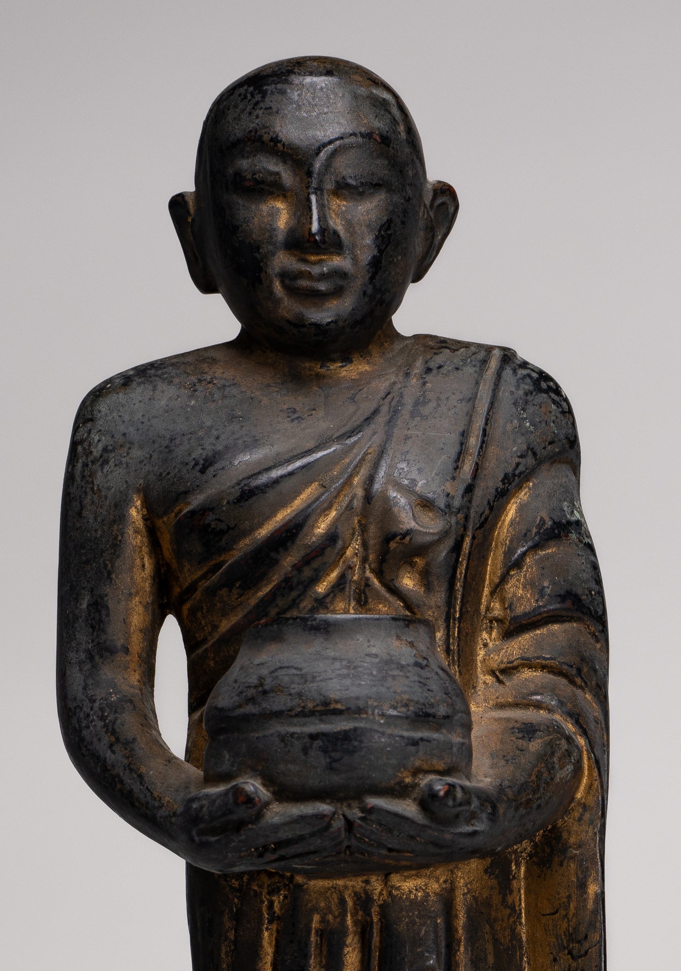 Antique Burmese Style Standing Wood Mandalay Monk Statue - 46cm/18"