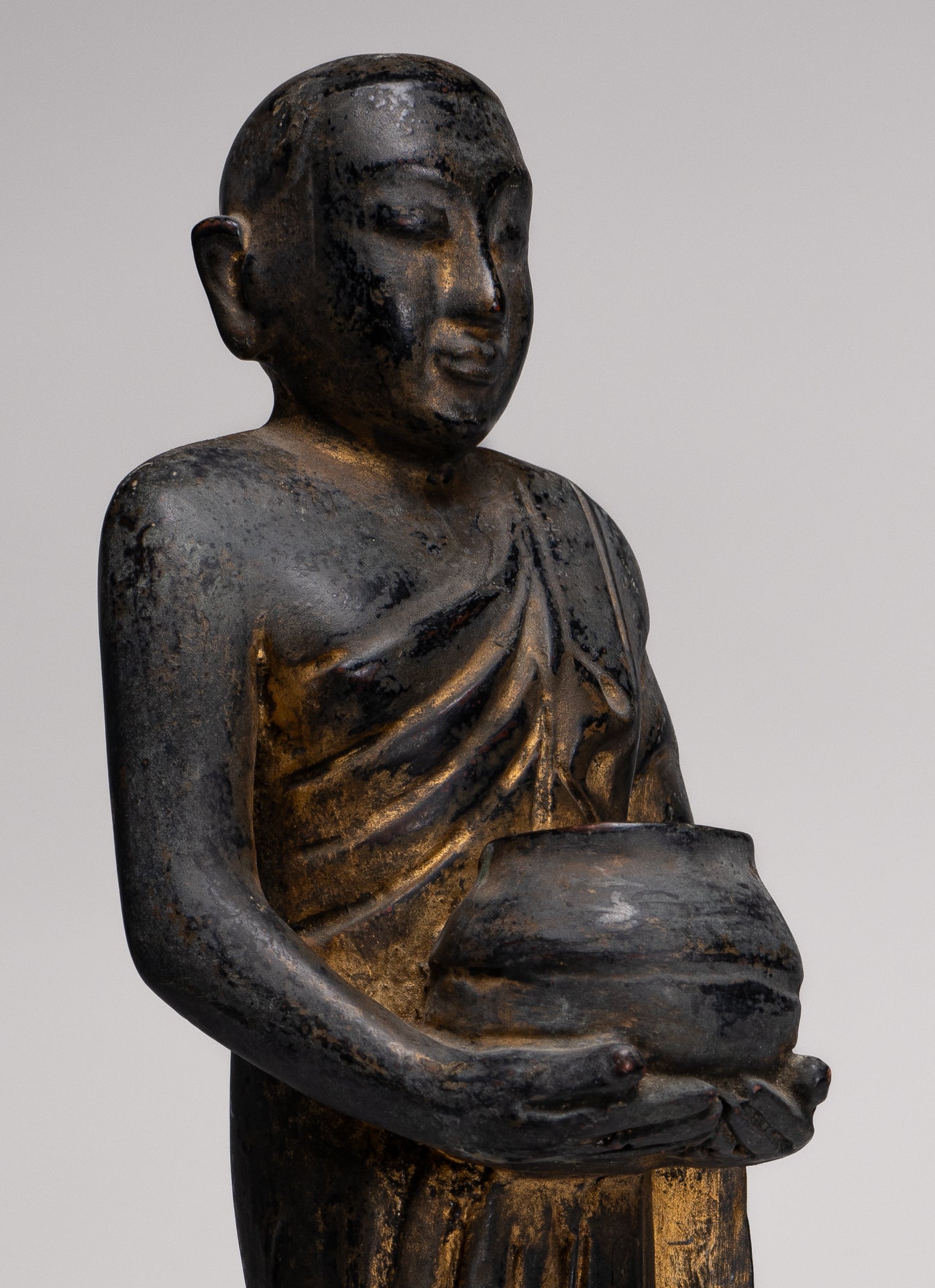 Antique Burmese Style Standing Wood Mandalay Monk Statue - 46cm/18"