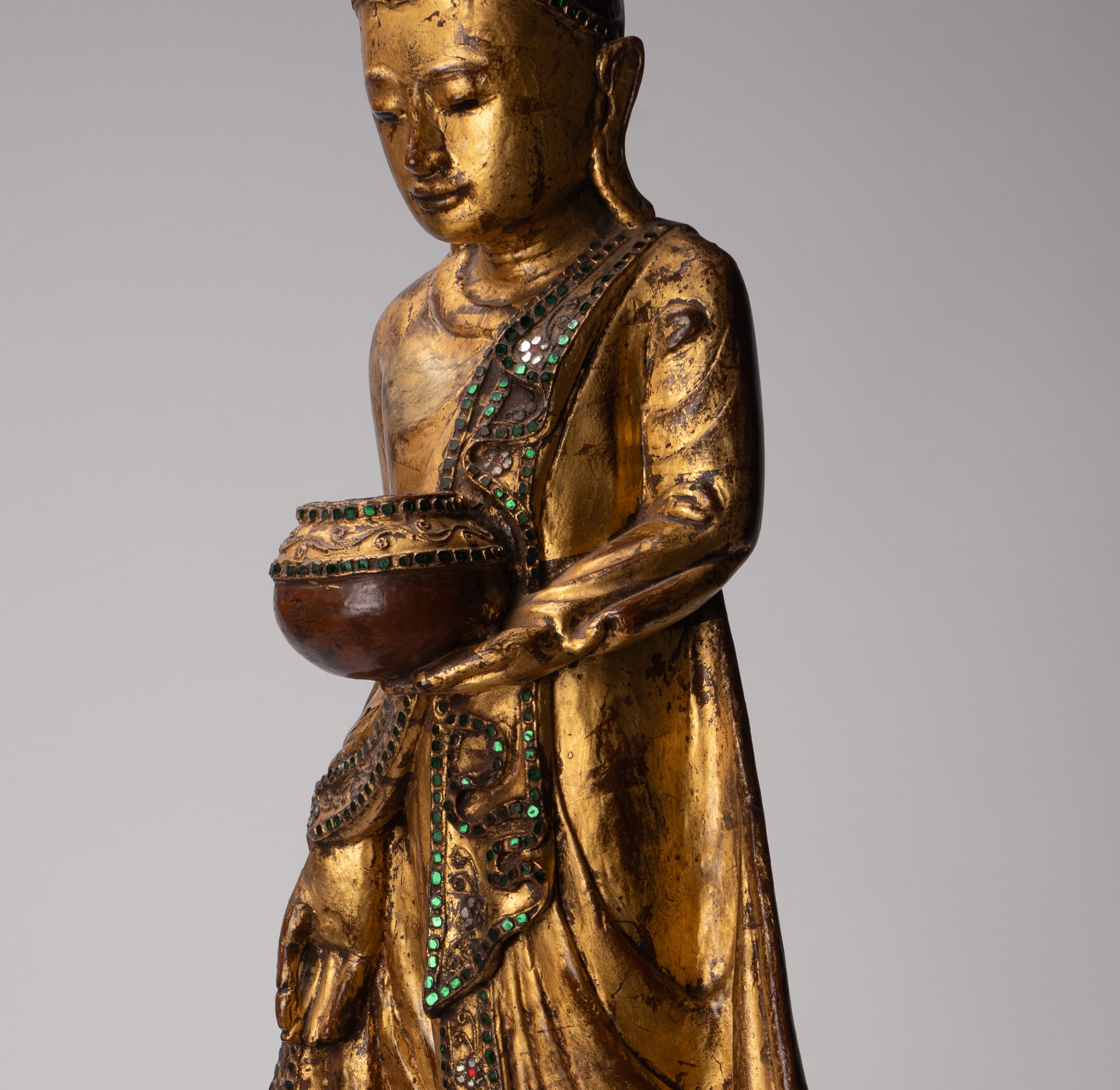 Antique Burmese Style Standing Wood Mandalay Buddha Statue - 101cm/40"