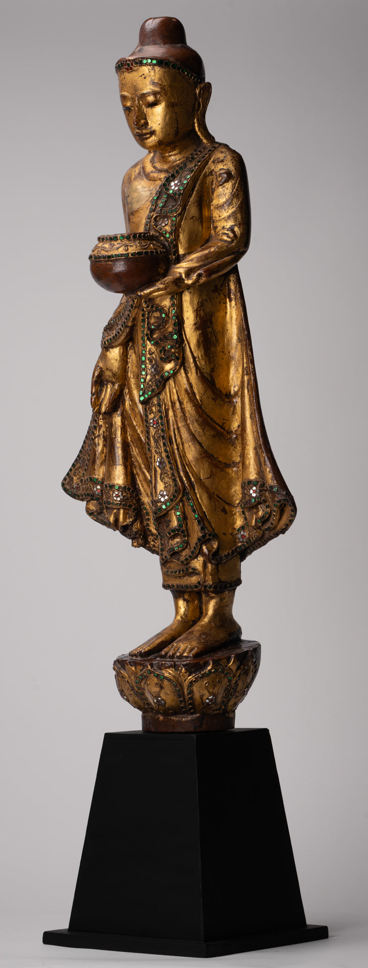 Antique Burmese Style Standing Wood Mandalay Buddha Statue - 101cm/40"