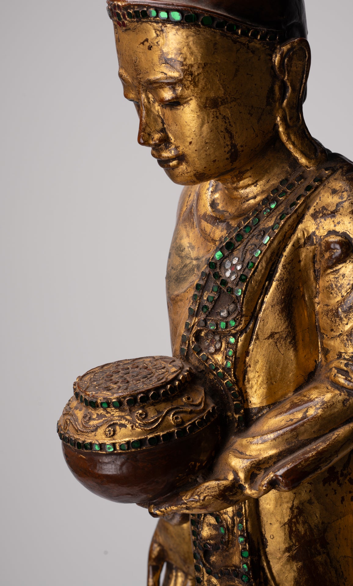 Antique Burmese Style Standing Wood Mandalay Buddha Statue - 101cm/40"