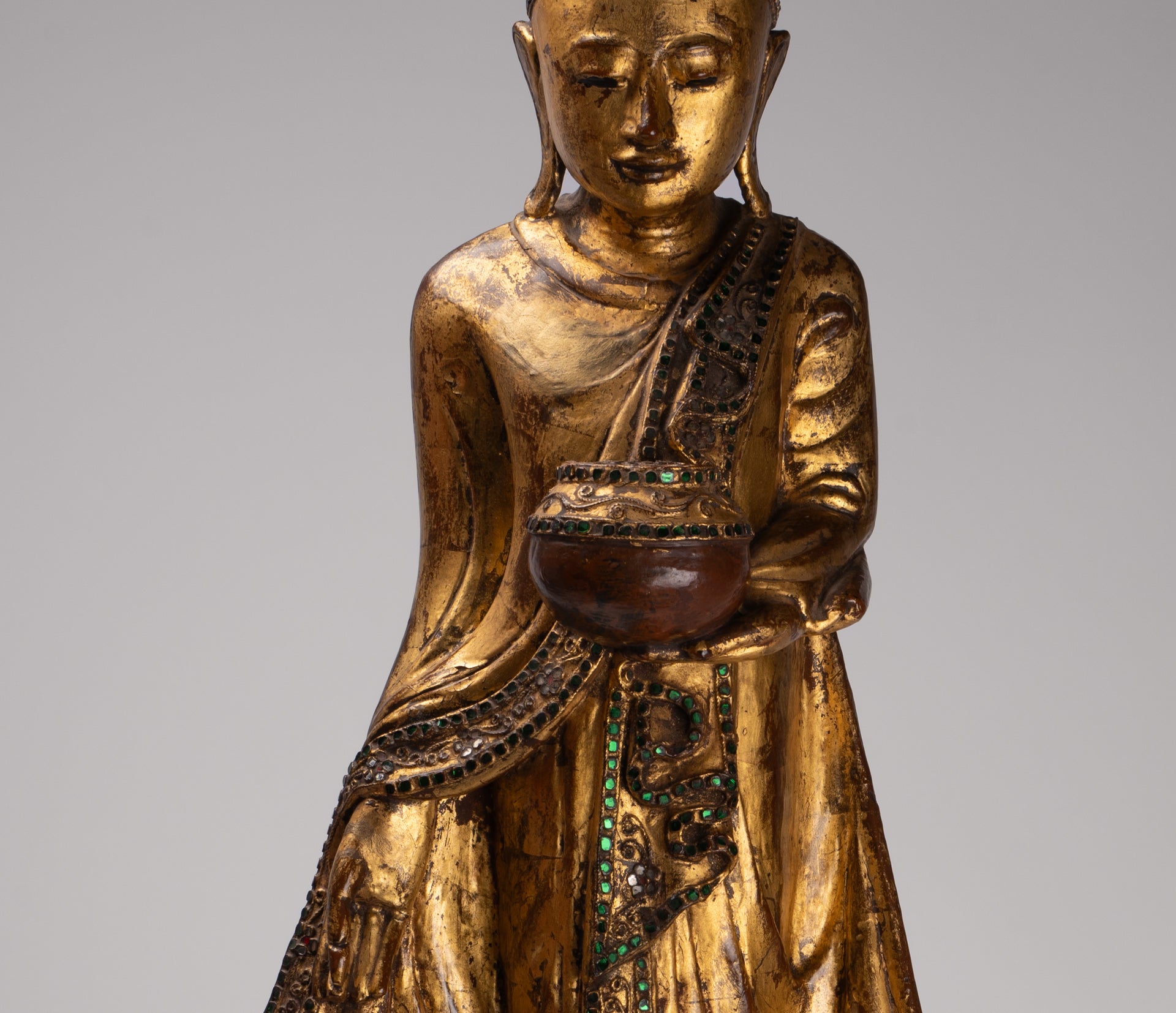 Antique Burmese Style Standing Wood Mandalay Buddha Statue - 101cm/40"