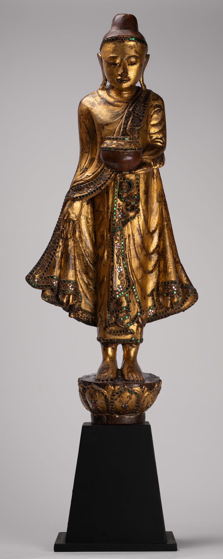 Antique Burmese Style Standing Wood Mandalay Buddha Statue - 101cm/40"