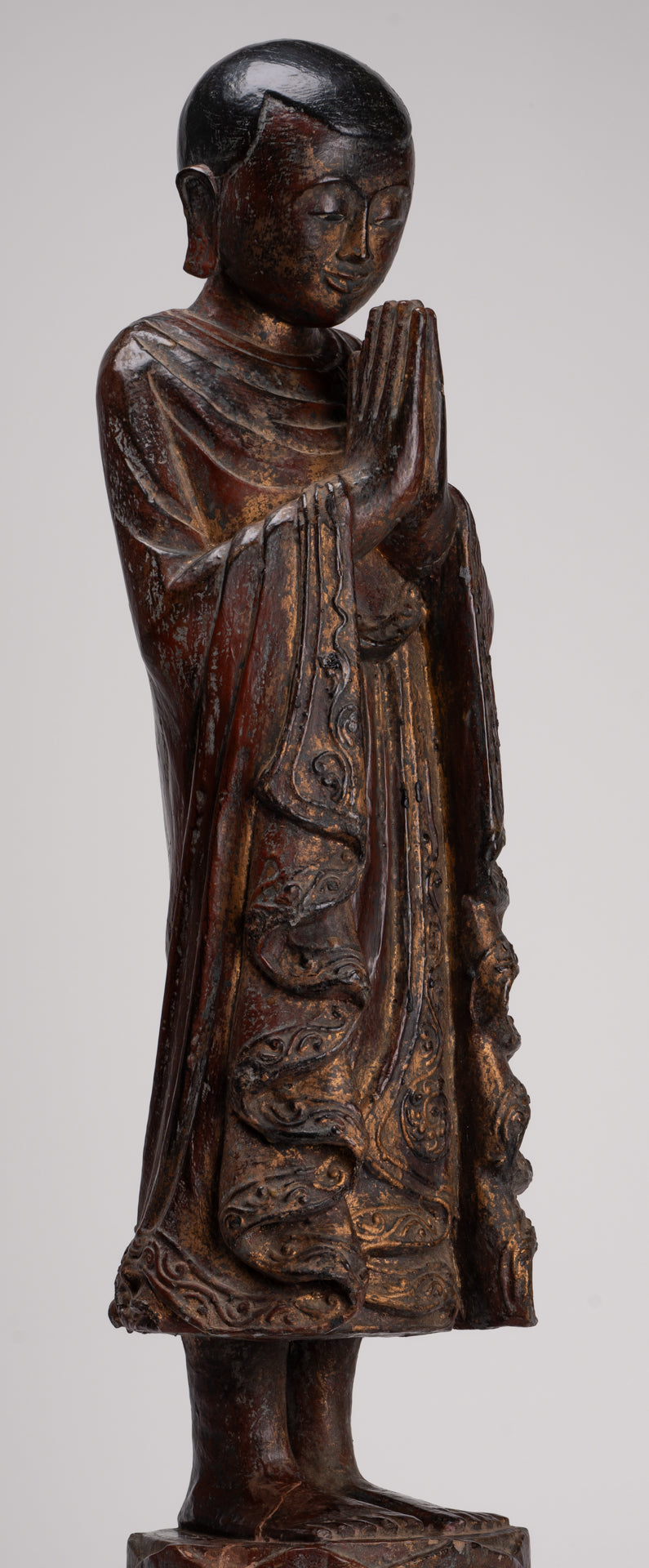 Antique Burmese Style Standing Wood Adoration Mandalay Monk Statue - 76cm/30"