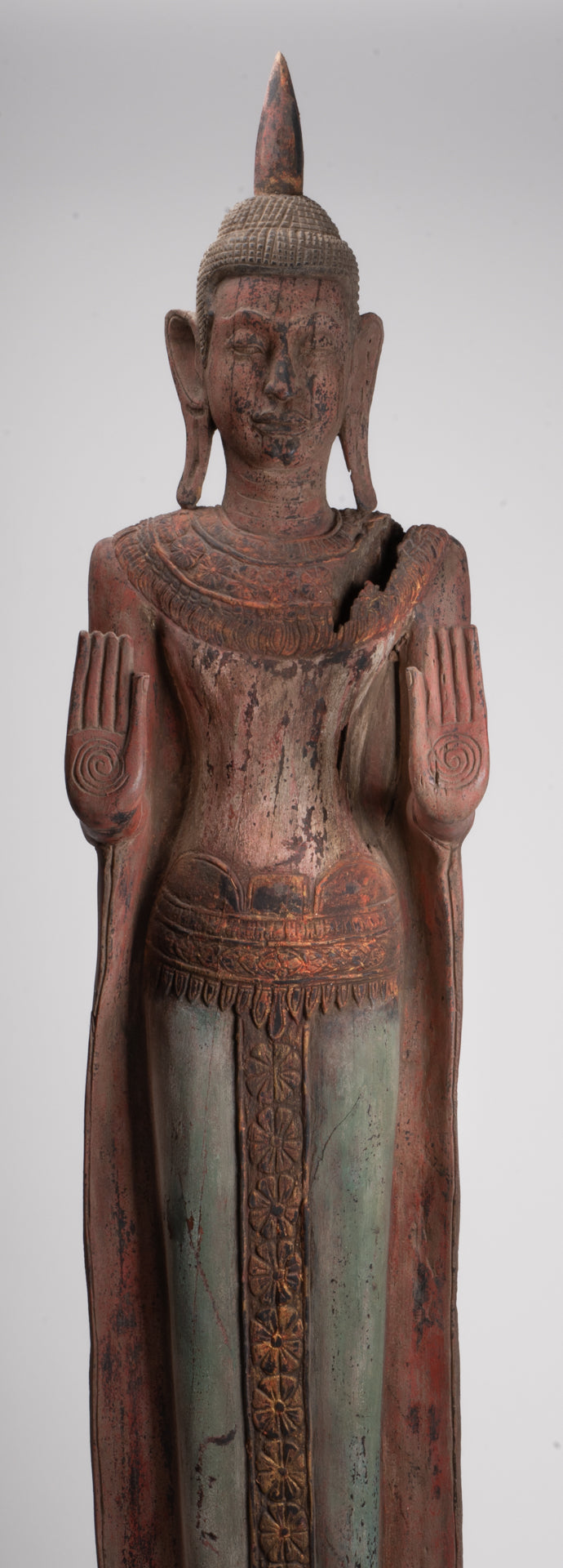 Large Buddha Statue - Antique Khmer Style Wood Standing Protection Monday Buddha Statue - 174cm/70"