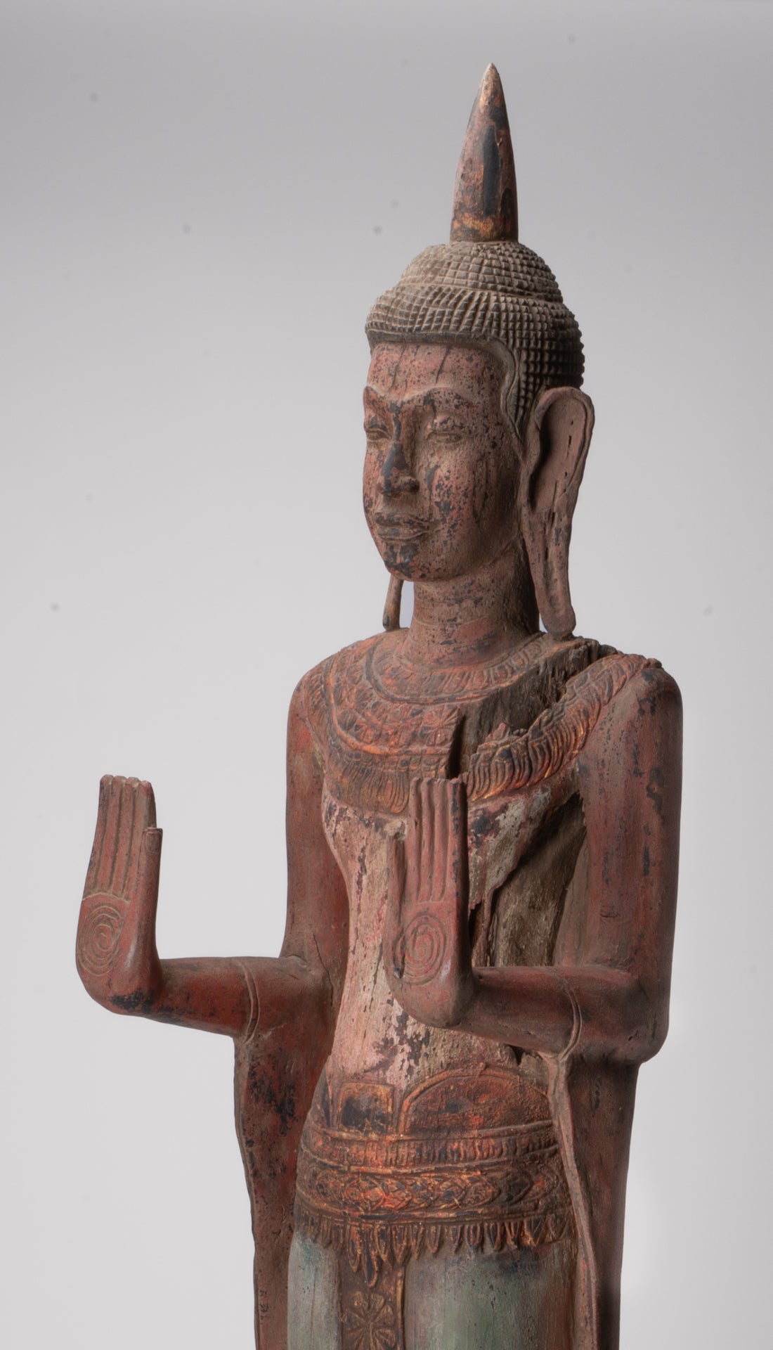 Large Buddha Statue - Antique Khmer Style Wood Standing Protection Monday Buddha Statue - 174cm/70"