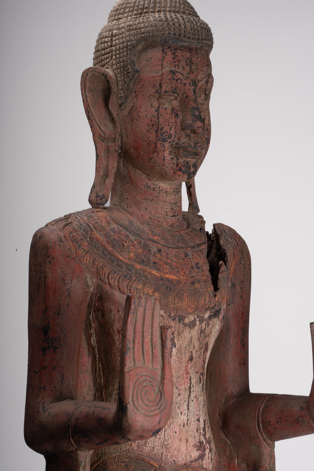 Large Buddha Statue - Antique Khmer Style Wood Standing Protection Monday Buddha Statue - 174cm/70"