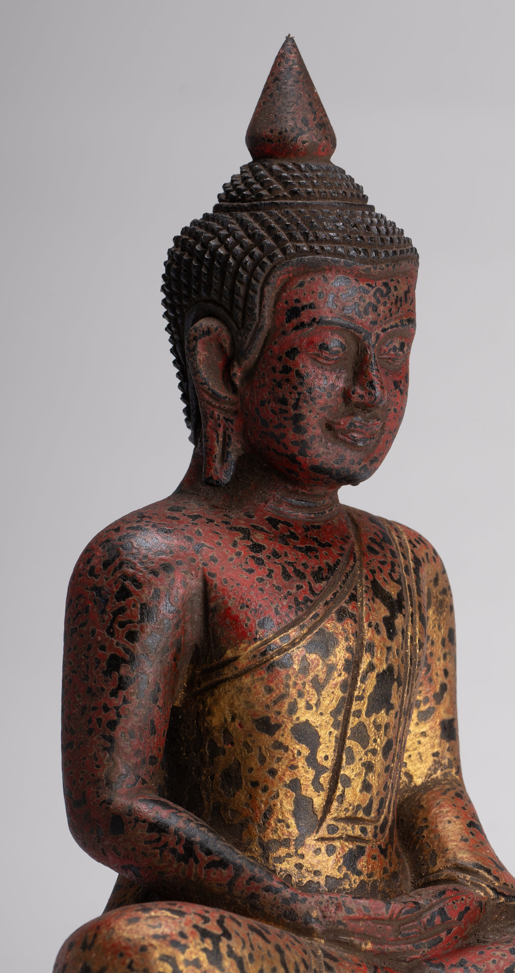 Buddha Sculpture - Antique Khmer Style Wood Seated Buddha Statue Dhyana Meditation Mudra - 27cm/11"