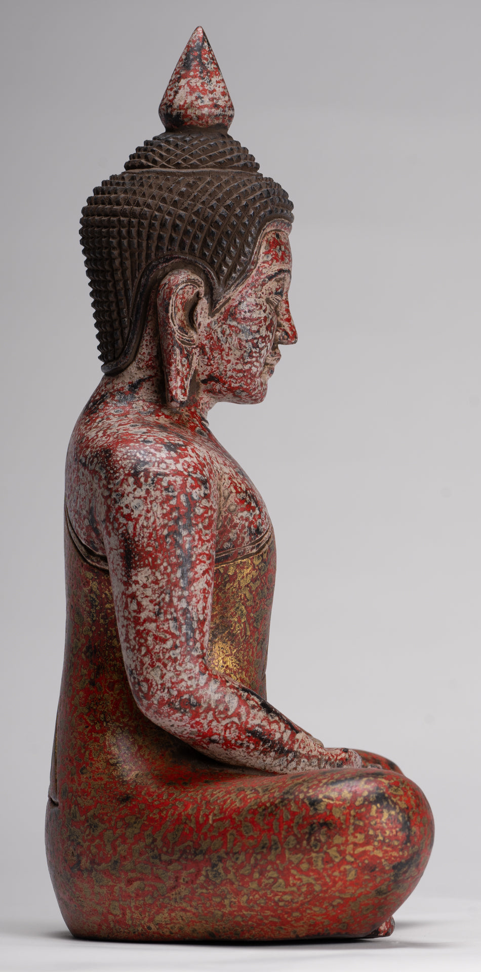 Buddha Sculpture - Antique Khmer Style Wood Seated Buddha Statue Dhyana Meditation Mudra - 33cm/13"