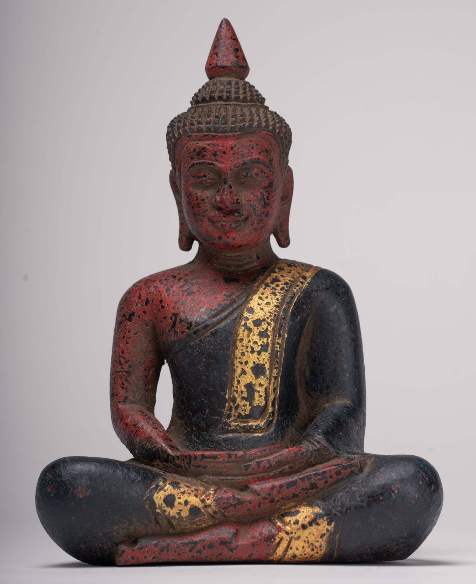 Buddha Sculpture - Antique Khmer Style Wood Seated Buddha Statue Dhyana Meditation Mudra - 21cm/8"