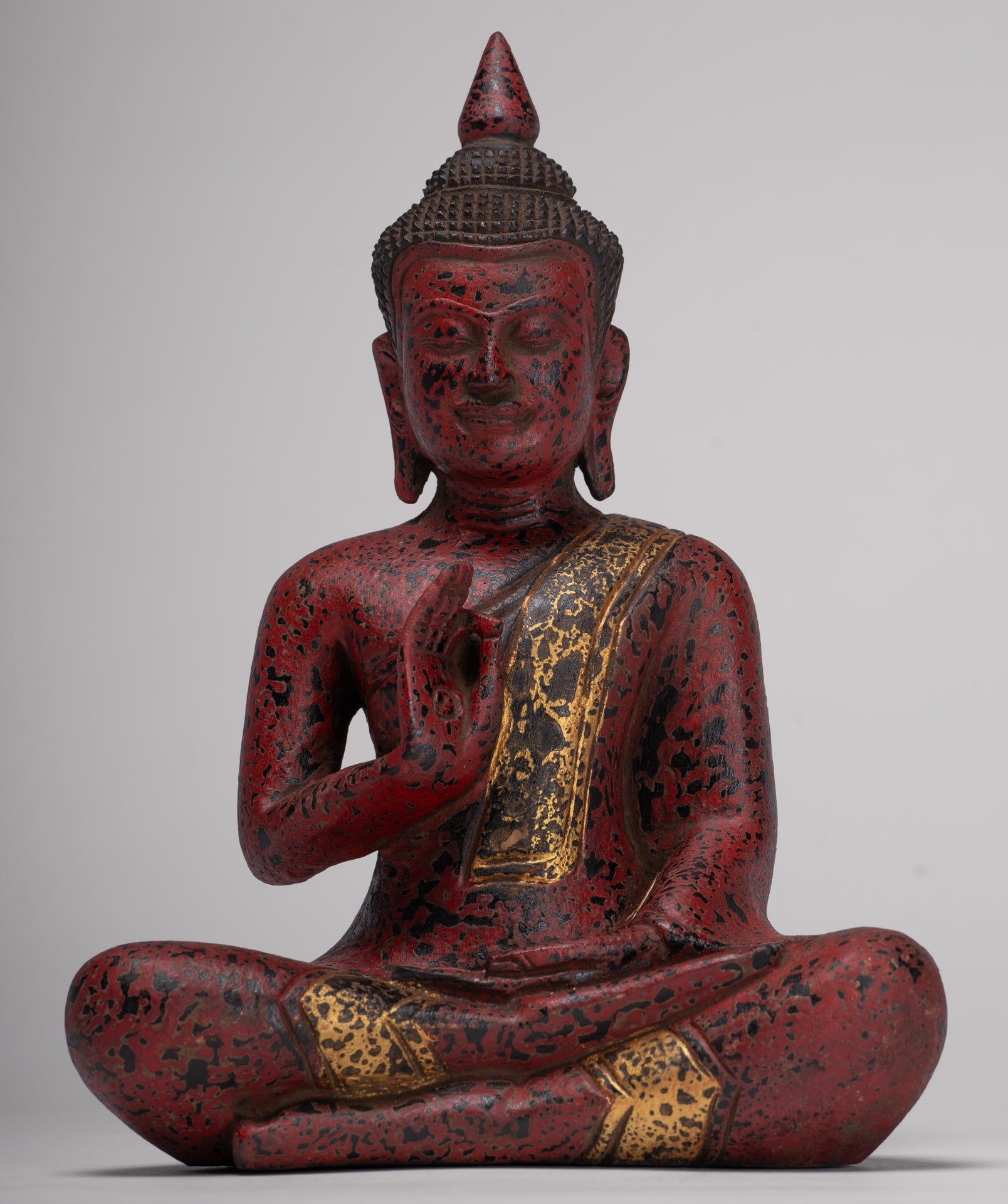 Buddha Statue - Antique Khmer Style Cambodia Seated Wood Buddha Statue Teaching Mudra - 27cm/11"