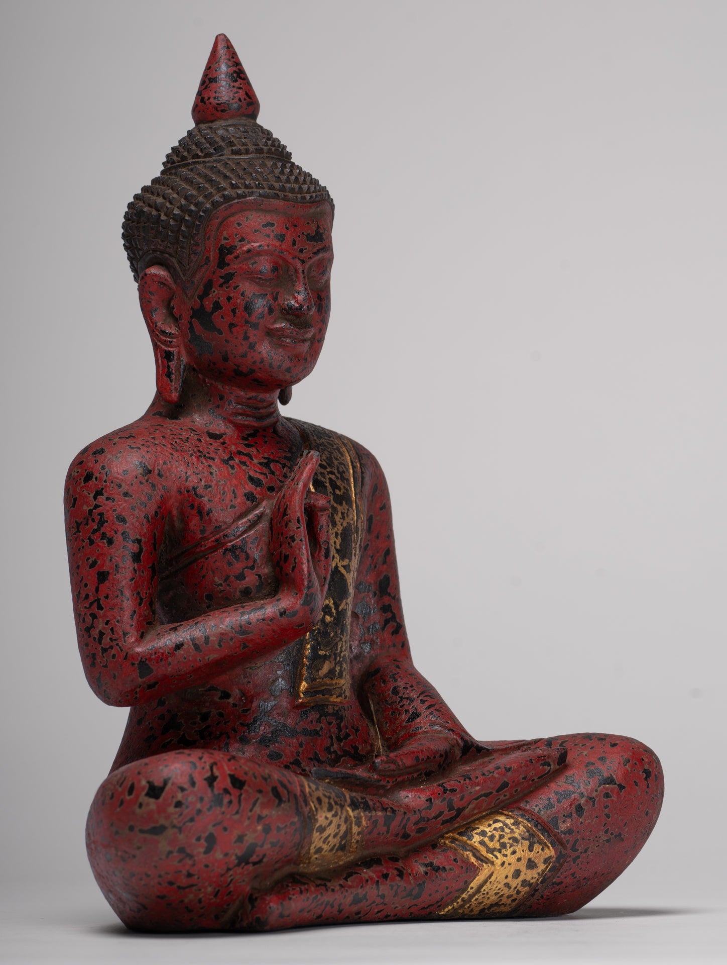Buddha Statue - Antique Khmer Style Cambodia Seated Wood Buddha Statue Teaching Mudra - 27cm/11"