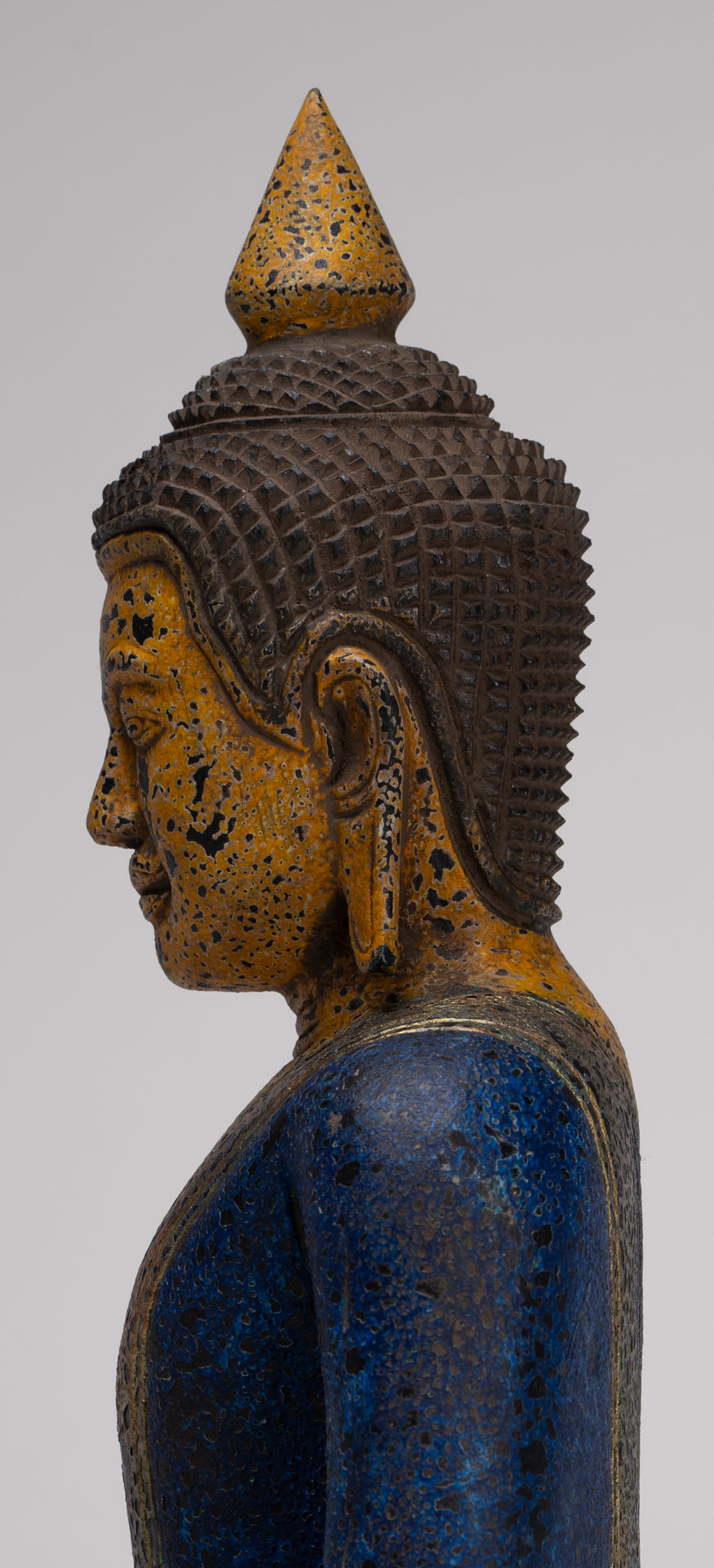 Buddha Statue - Antique Khmer Style SE Asia Seated Wood Enlightenment Buddha Statue - 33cm/13"