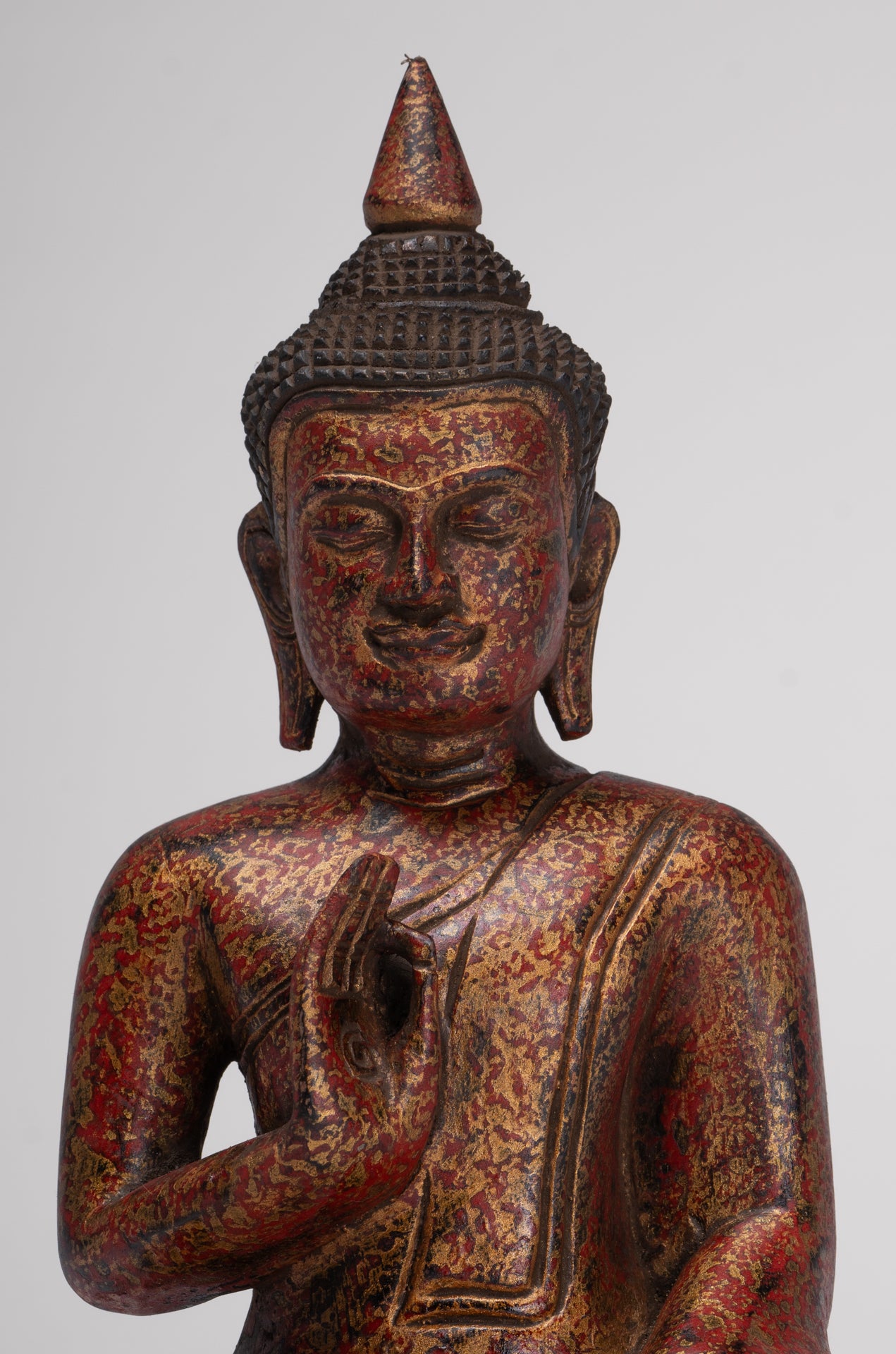 Buddha Statue - Antique Khmer Style Cambodia Seated Wood Buddha Statue Teaching Mudra - 27cm/11"