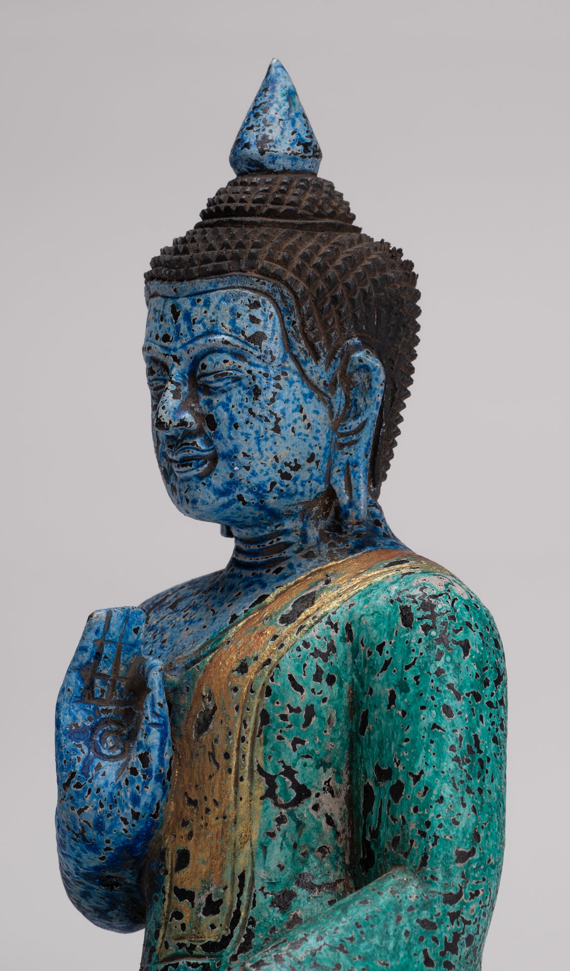 Buddha Statue - Antique Khmer Style Cambodia Seated Wood Buddha Statue Teaching Mudra - 27cm/11"