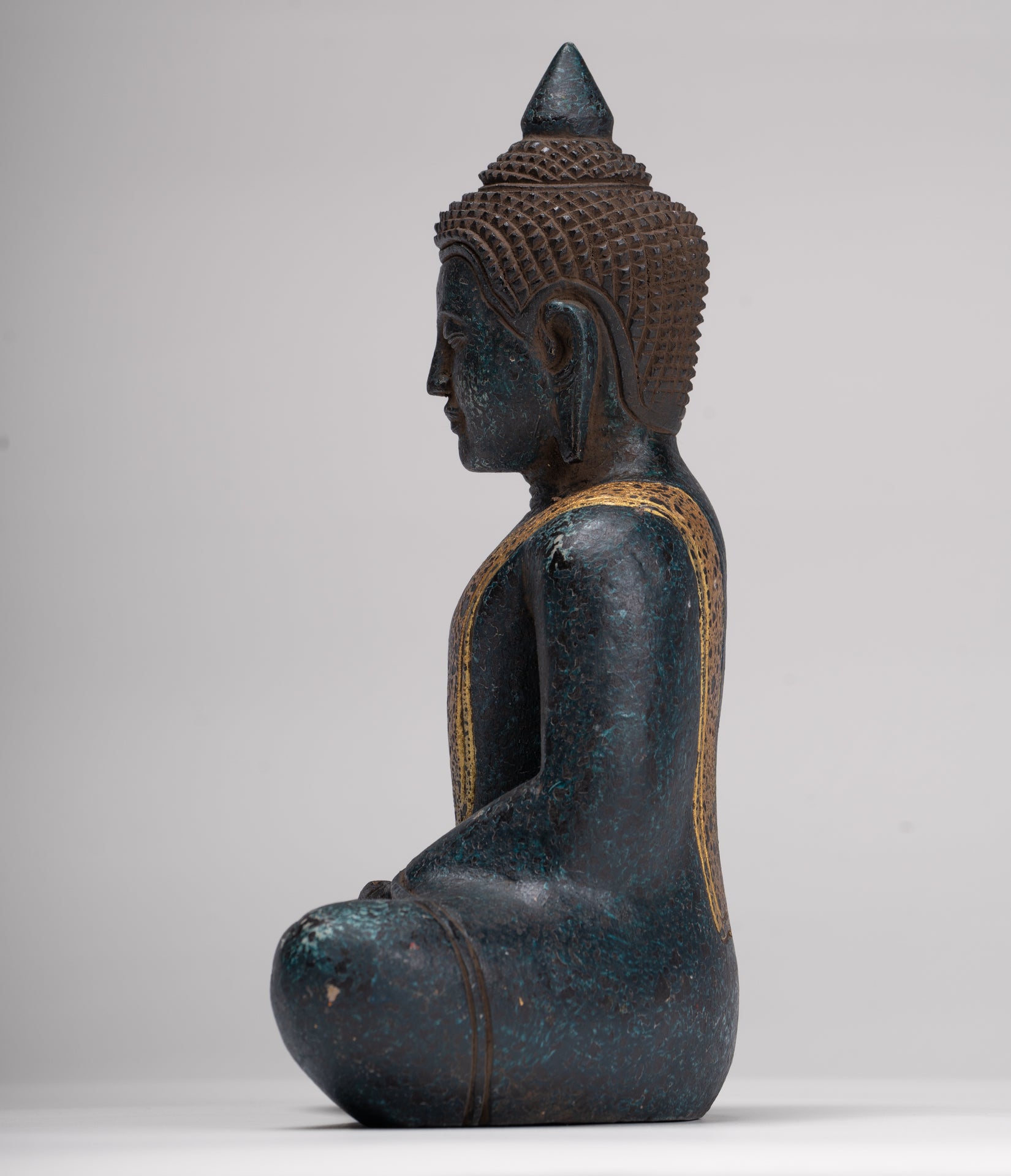 Buddha Sculpture - Antique Khmer Style Wood Seated Buddha Statue Dhyana Meditation Mudra - 27cm/11"