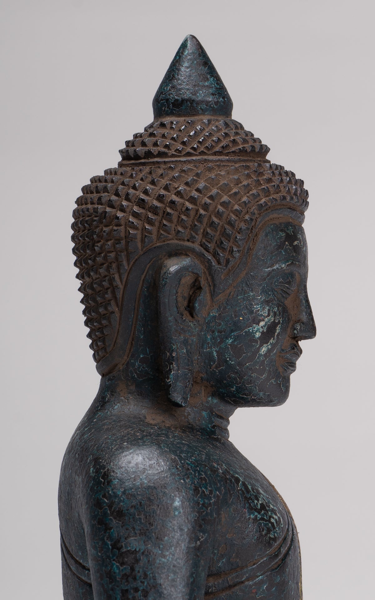 Buddha Sculpture - Antique Khmer Style Wood Seated Buddha Statue Dhyana Meditation Mudra - 27cm/11"