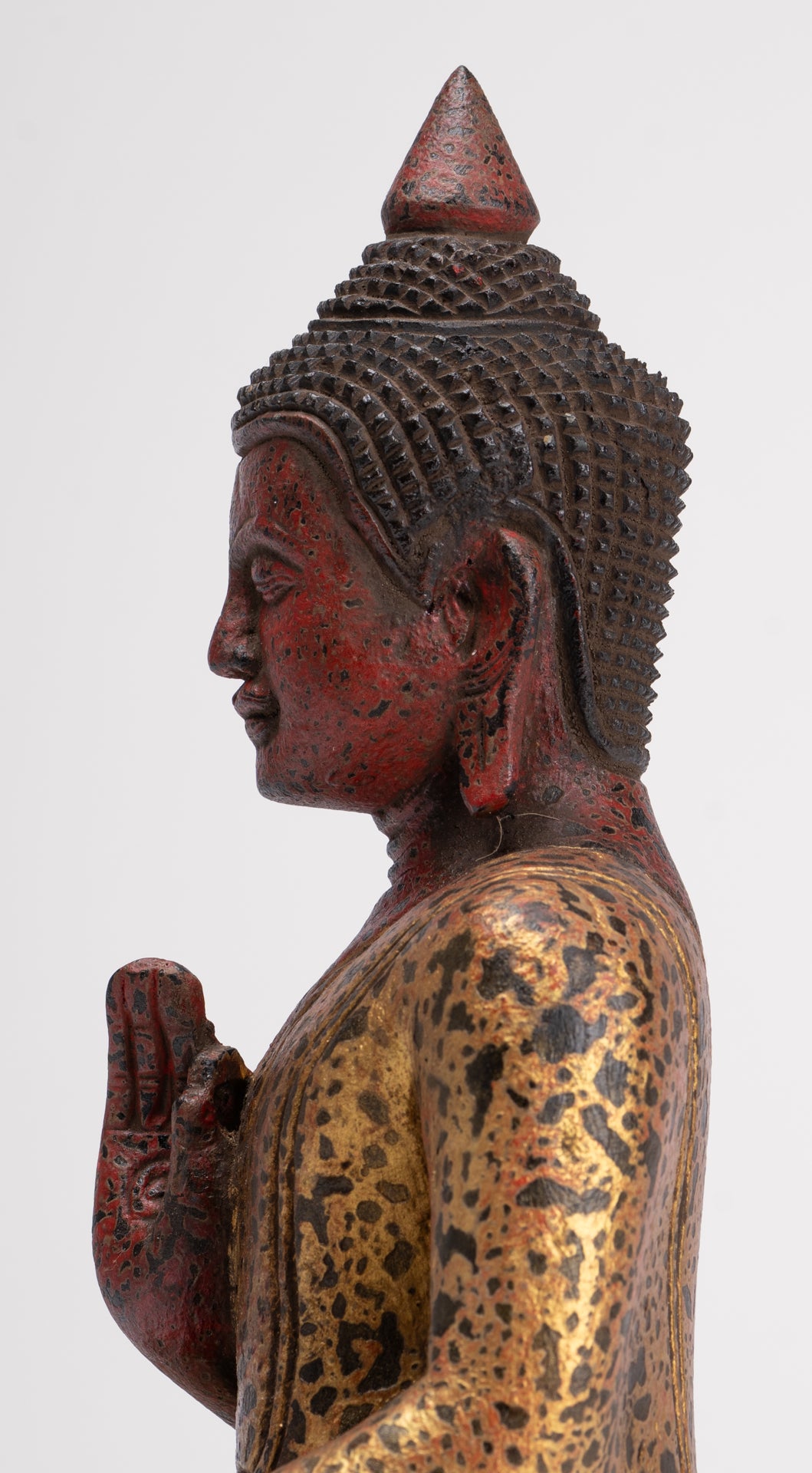 Buddha Statue - Antique Khmer Style Cambodia Seated Wood Buddha Statue Teaching Mudra - 26cm/10"