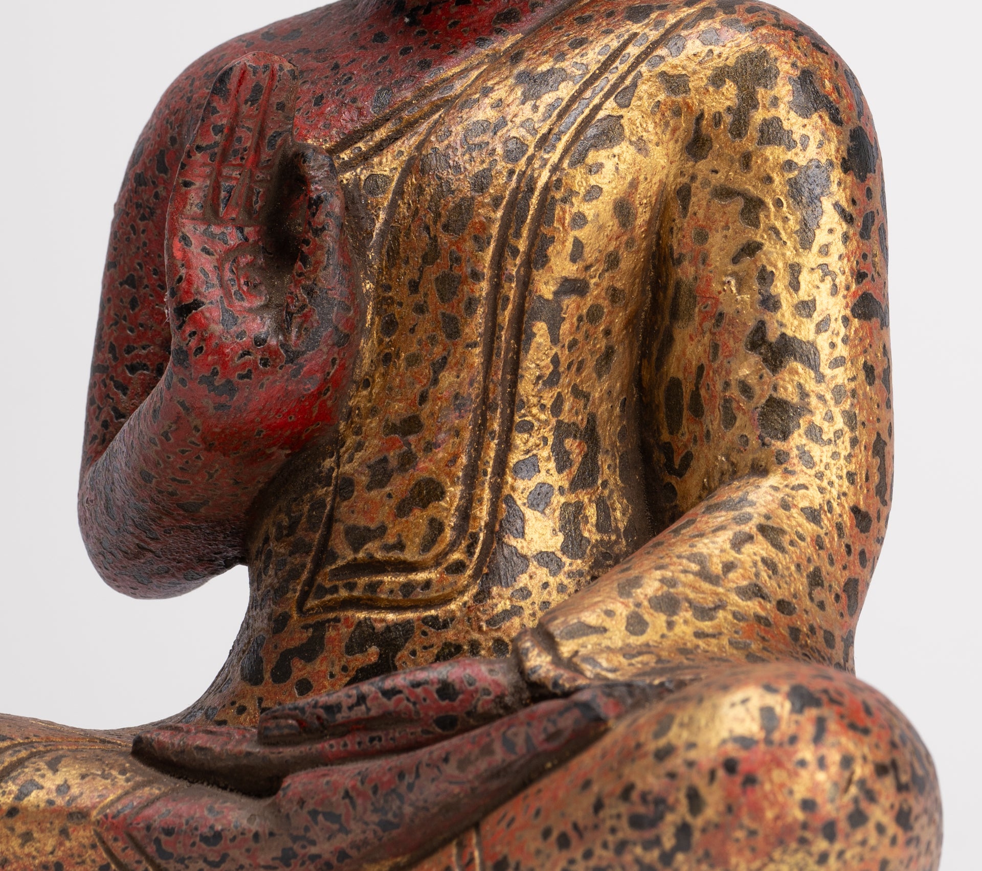 Buddha Statue - Antique Khmer Style Cambodia Seated Wood Buddha Statue Teaching Mudra - 26cm/10"