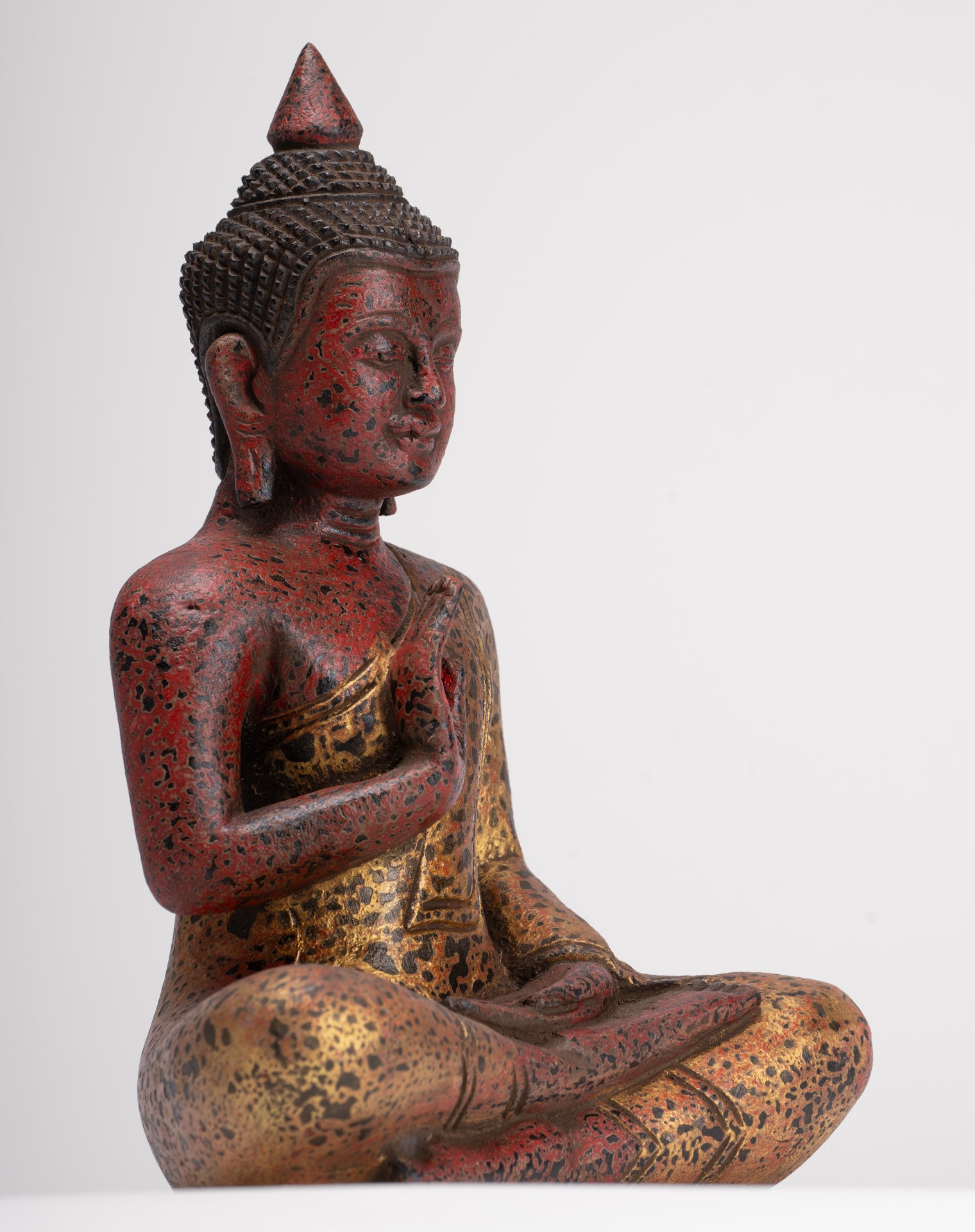 Buddha Statue - Antique Khmer Style Cambodia Seated Wood Buddha Statue Teaching Mudra - 26cm/10"