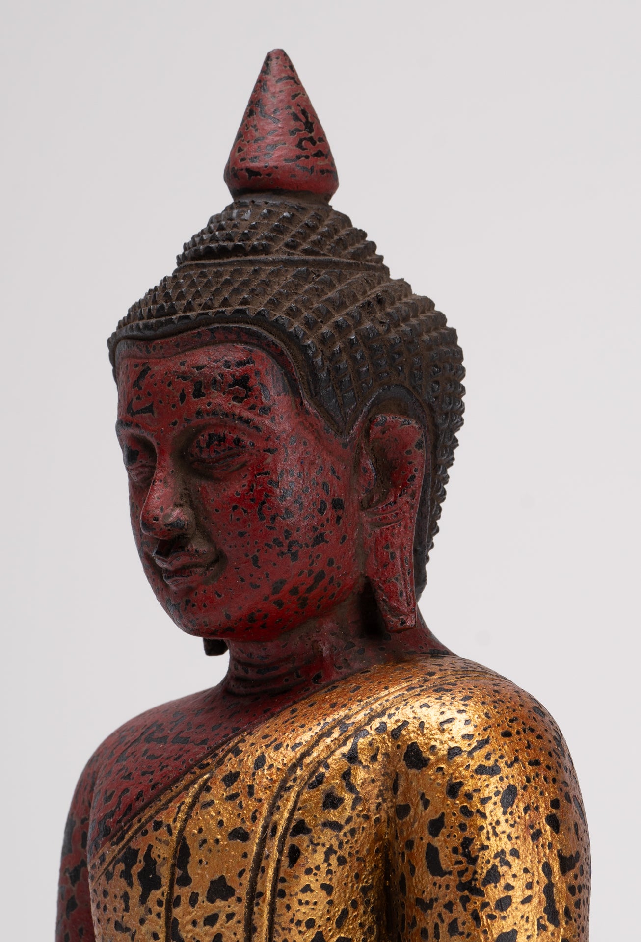 Buddha Sculpture - Antique Khmer Style Wood Seated Buddha Statue Dhyana Meditation Mudra - 27cm/11"