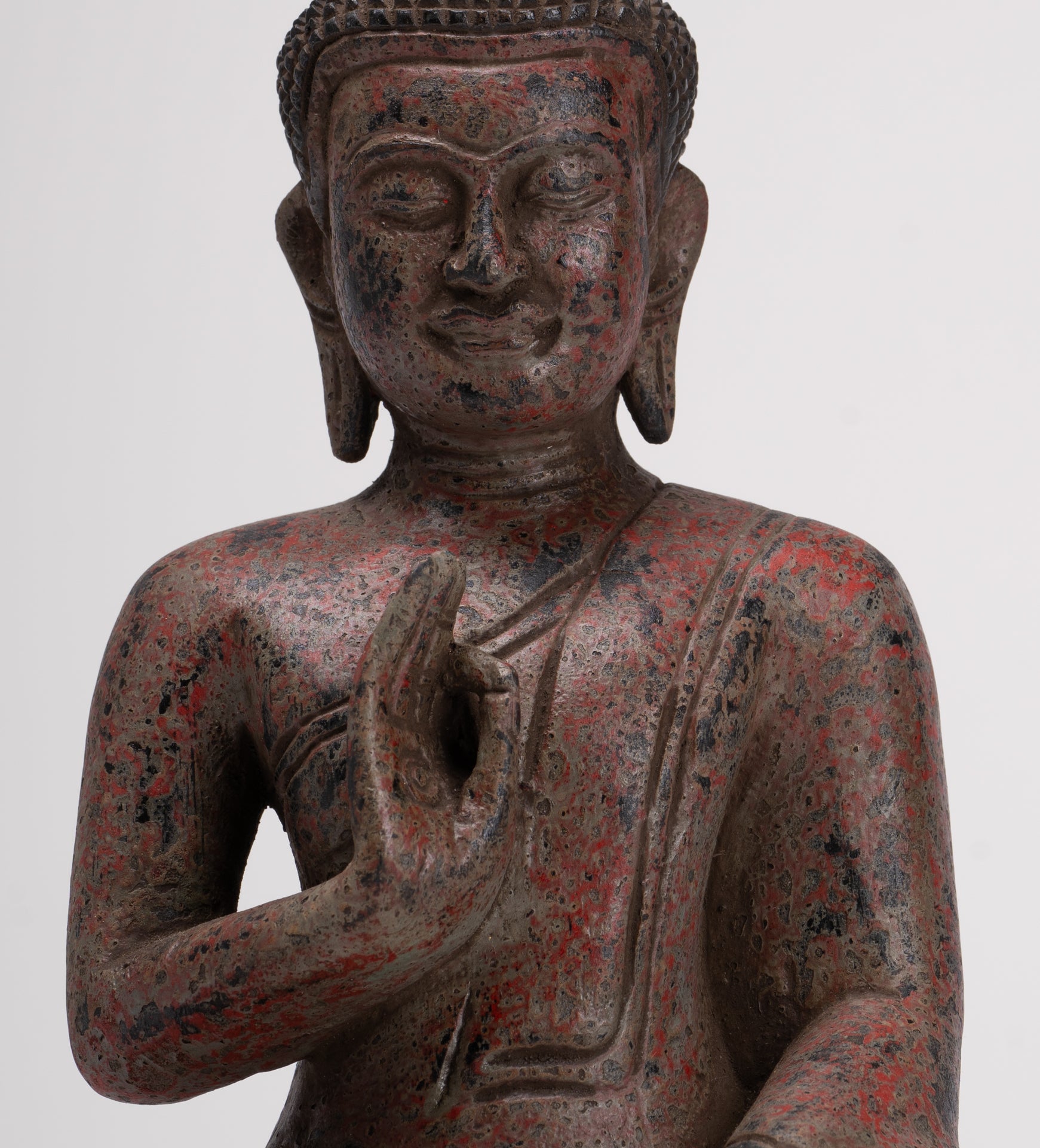 Buddha Statue - Antique Khmer Style Cambodia Seated Wood Buddha Statue Teaching Mudra - 27cm/11"