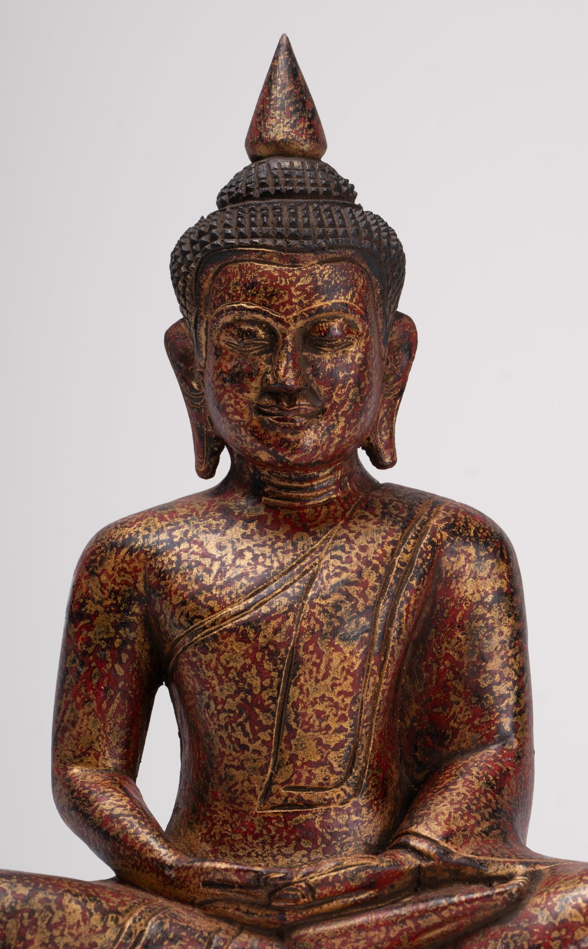 Buddha Sculpture - Antique Khmer Style Wood Seated Buddha Statue Dhyana Meditation Mudra - 28cm/11"