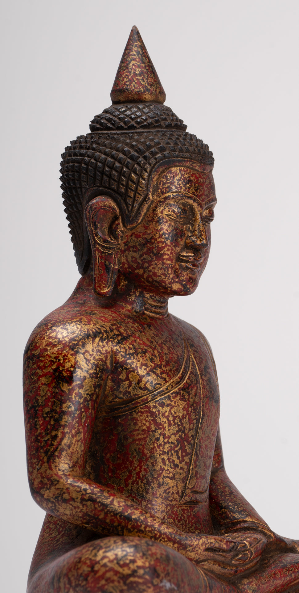 Buddha Sculpture - Antique Khmer Style Wood Seated Buddha Statue Dhyana Meditation Mudra - 28cm/11"