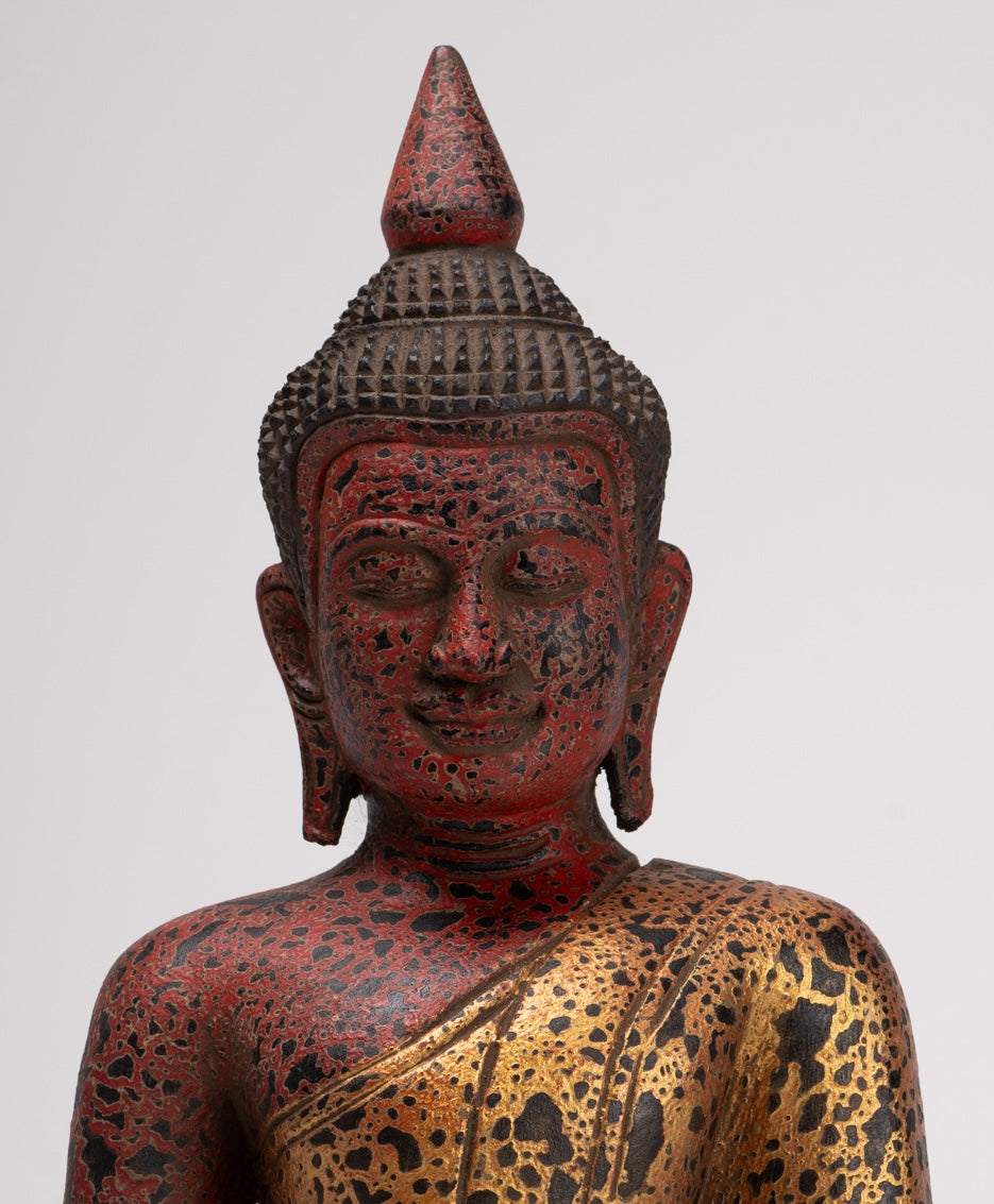 Buddha Sculpture - Antique Khmer Style Wood Seated Buddha Statue Dhyana Meditation Mudra - 33cm/13"