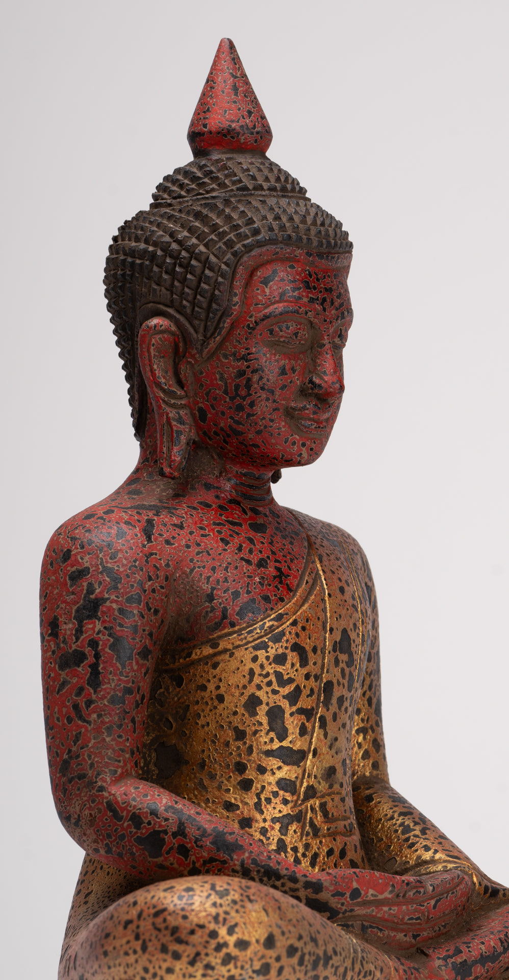 Buddha Sculpture - Antique Khmer Style Wood Seated Buddha Statue Dhyana Meditation Mudra - 33cm/13"