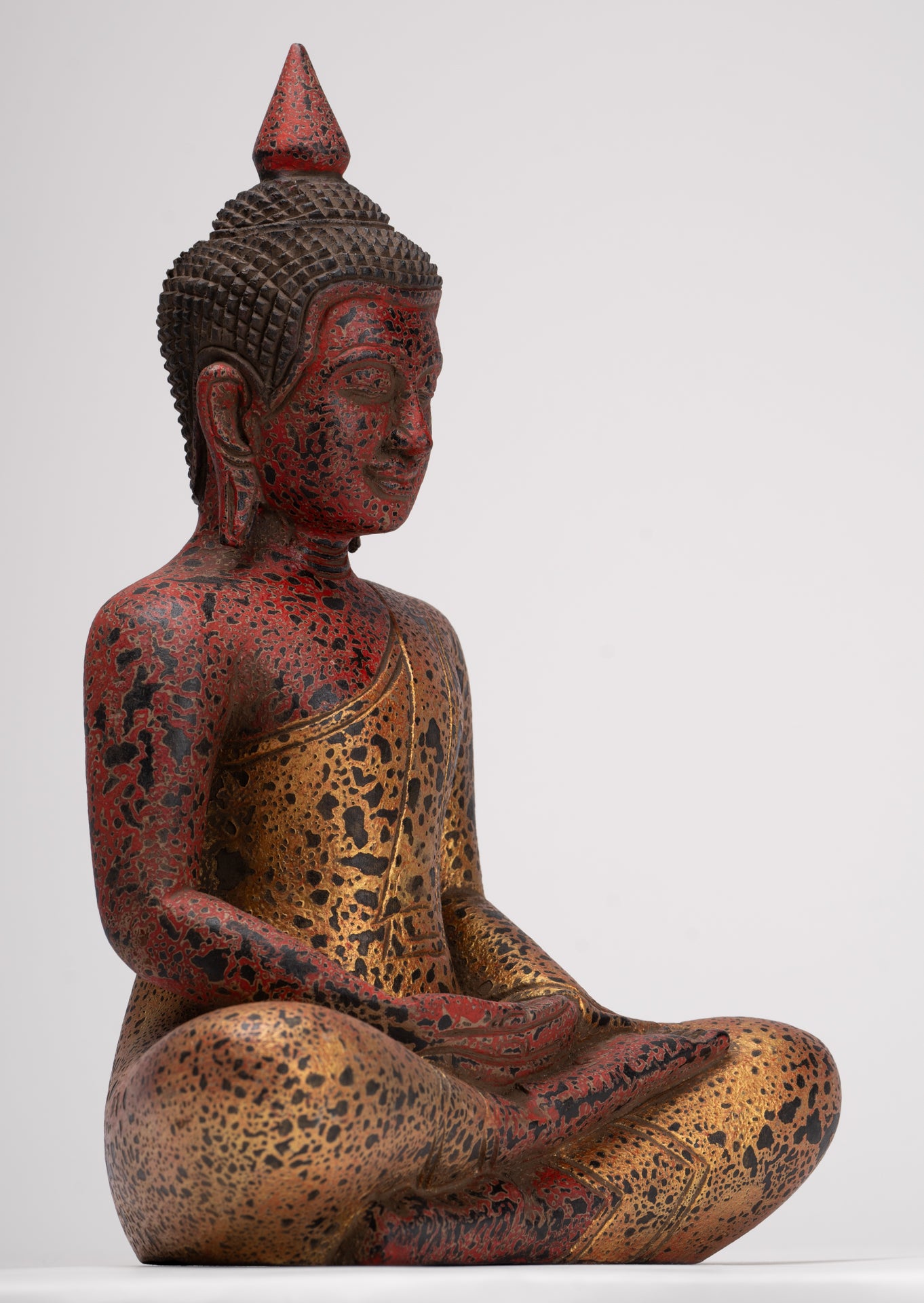 Buddha Sculpture - Antique Khmer Style Wood Seated Buddha Statue Dhyana Meditation Mudra - 33cm/13"