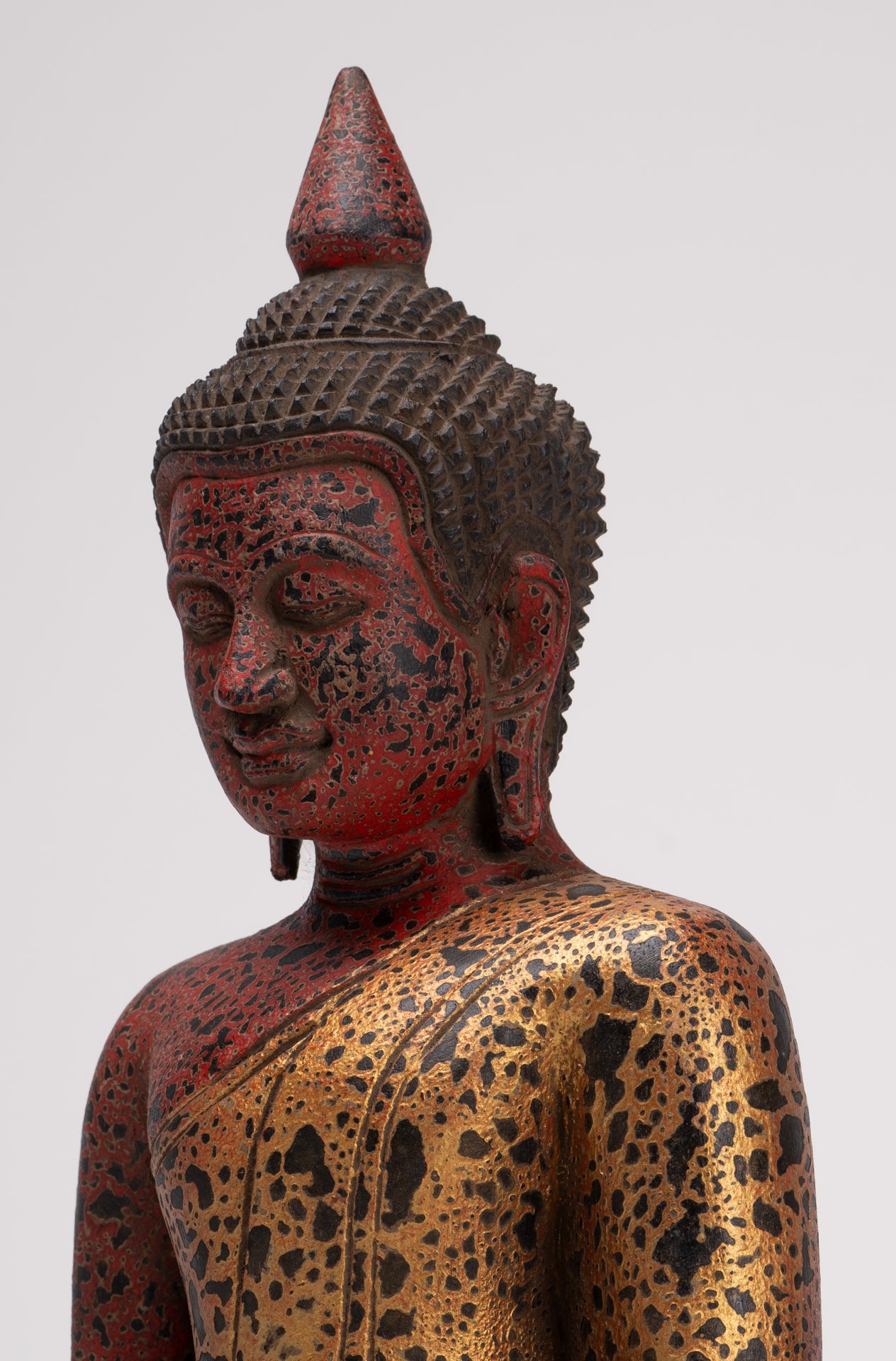 Buddha Sculpture - Antique Khmer Style Wood Seated Buddha Statue Dhyana Meditation Mudra - 33cm/13"