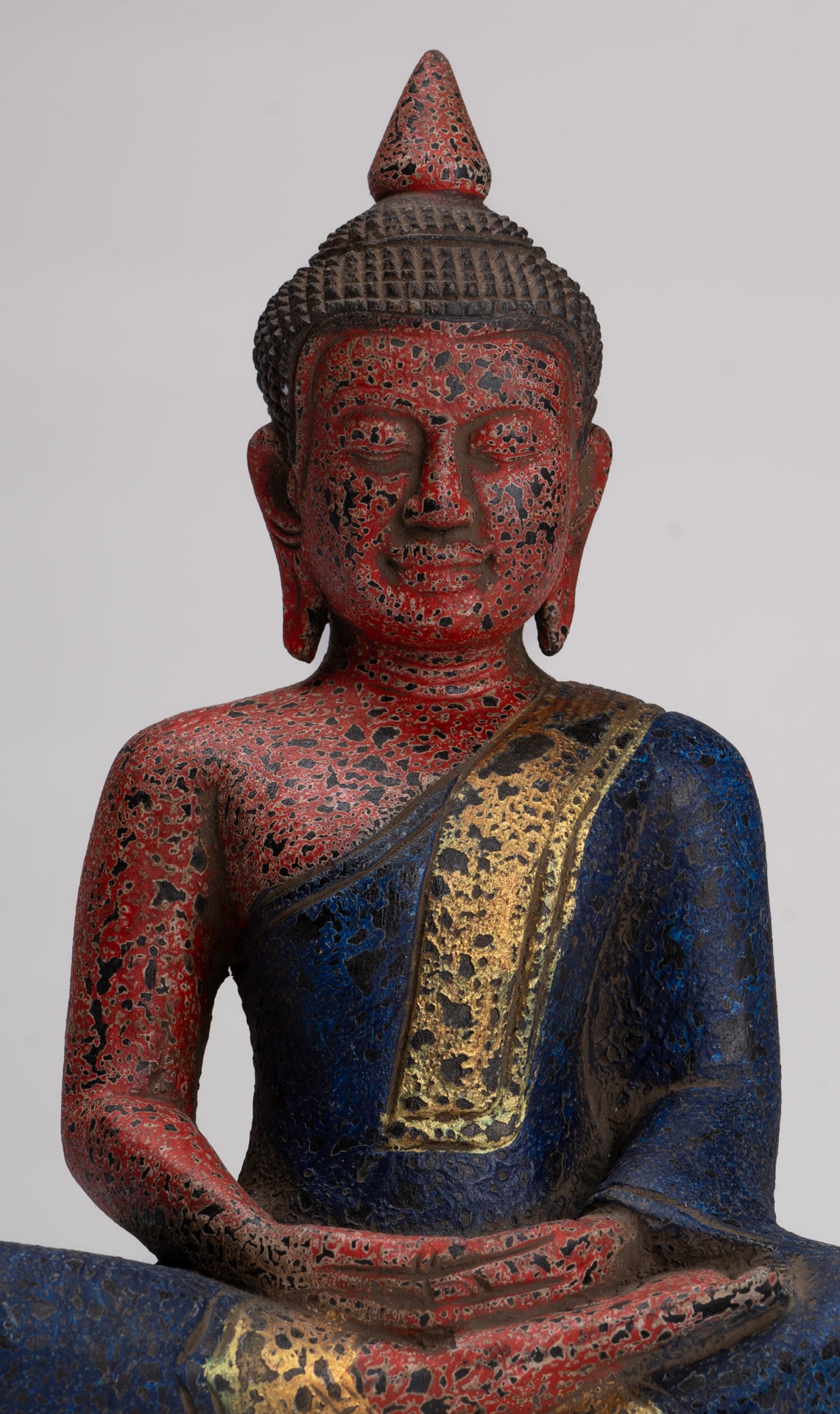 Buddha Sculpture - Antique Khmer Style Wood Seated Buddha Statue Dhyana Meditation Mudra - 26cm/11"