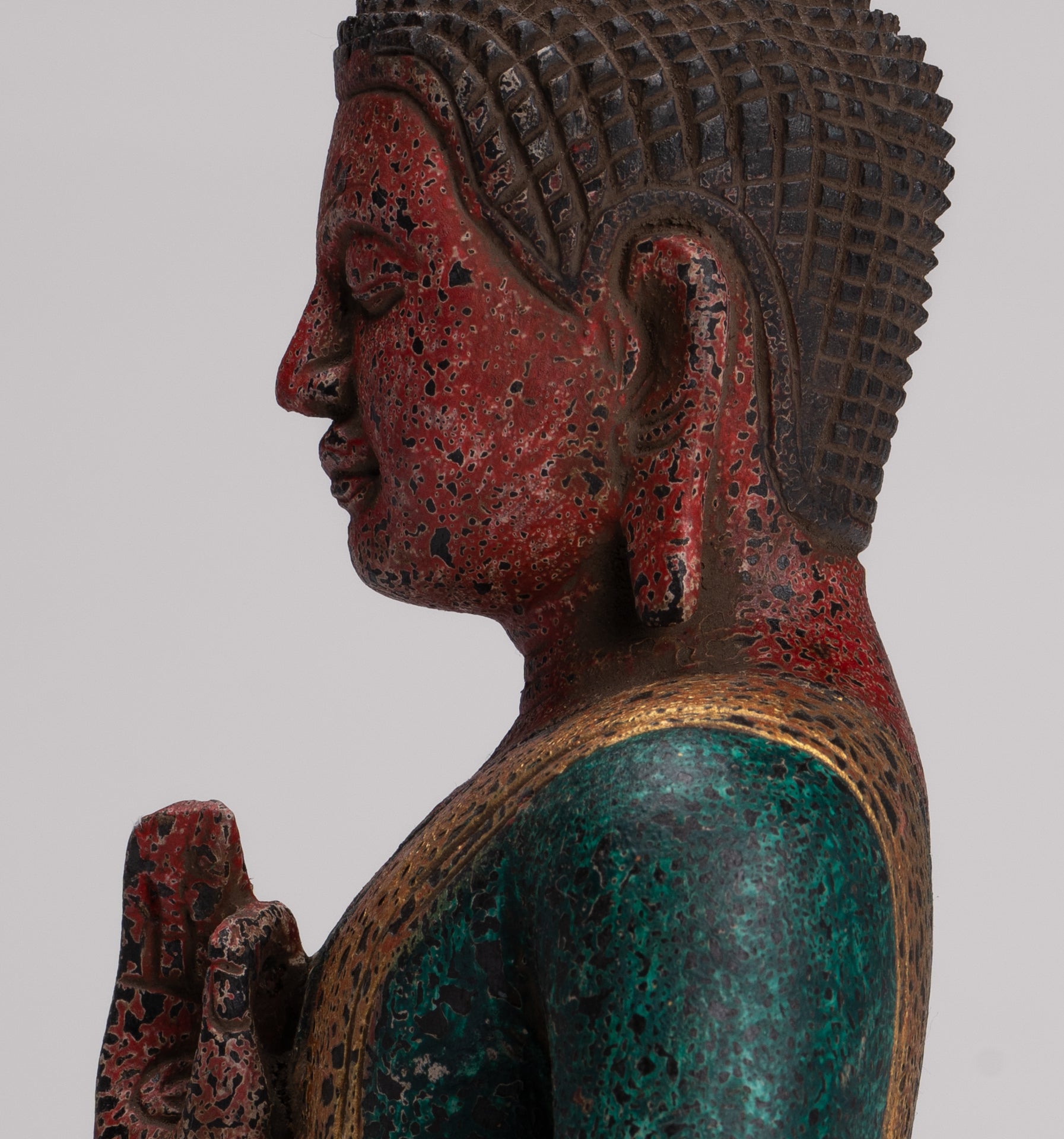 Buddha Statue - Antique Khmer Style Cambodia Seated Wood Buddha Statue Teaching Mudra - 26cm/10"