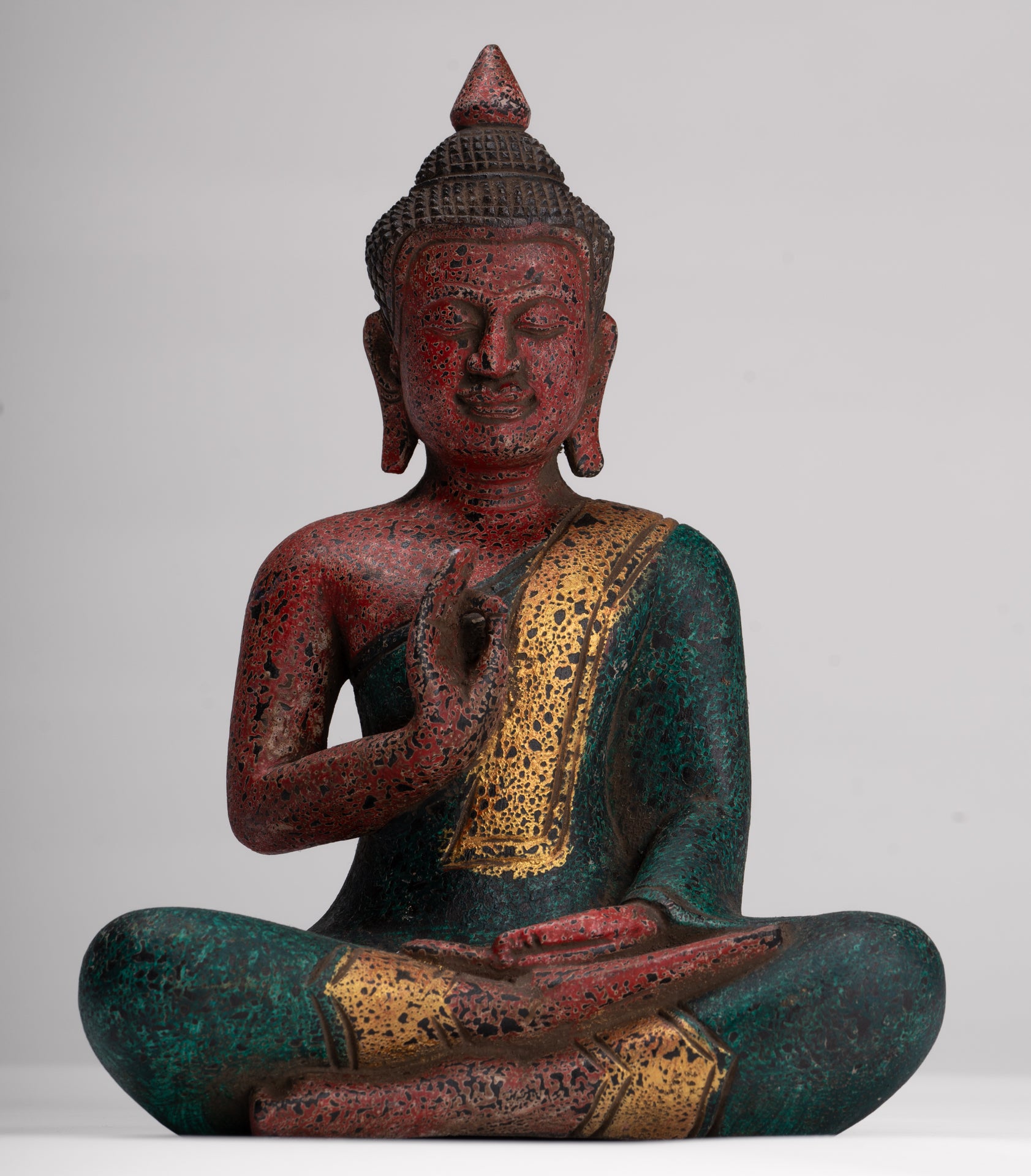 Buddha Statue - Antique Khmer Style Cambodia Seated Wood Buddha Statue Teaching Mudra - 26cm/10"