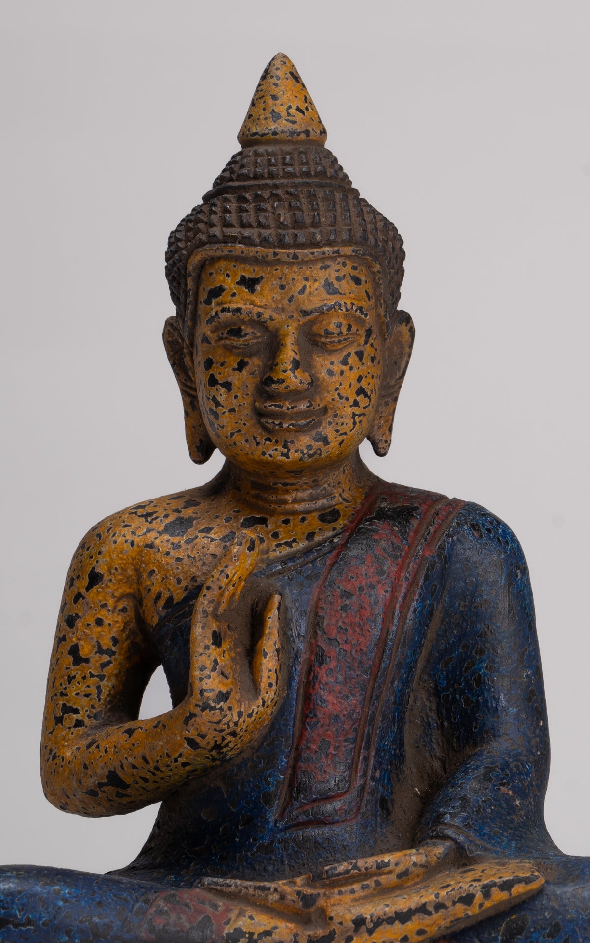 Buddha Statue - Antique Khmer Style Cambodia Seated Wood Buddha Statue Teaching Mudra - 21cm/8"