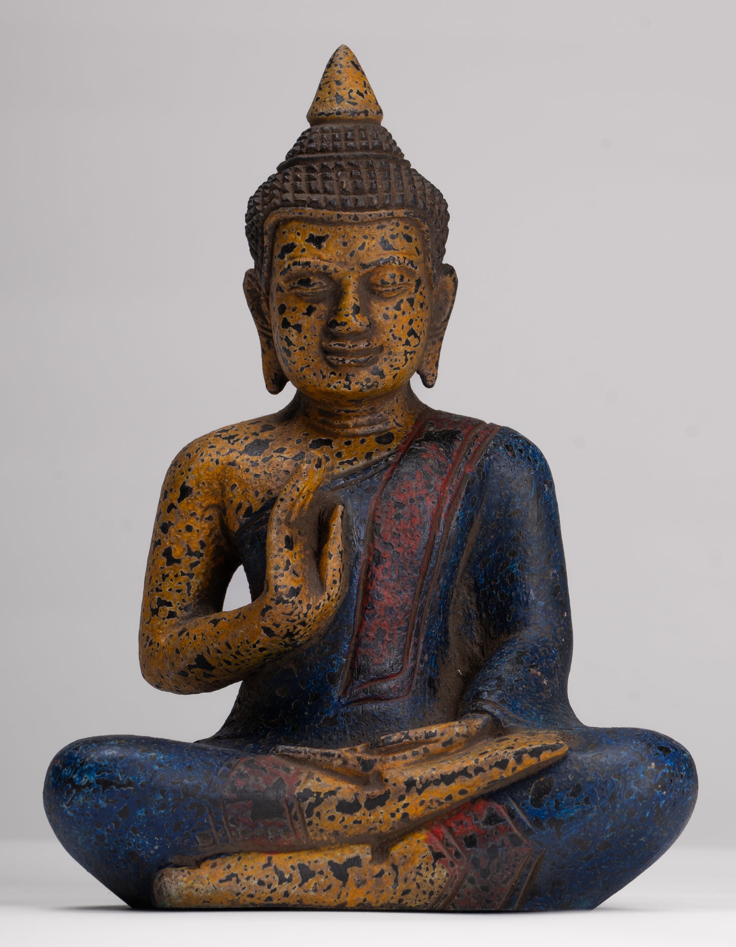 Buddha Statue - Antique Khmer Style Cambodia Seated Wood Buddha Statue Teaching Mudra - 21cm/8"