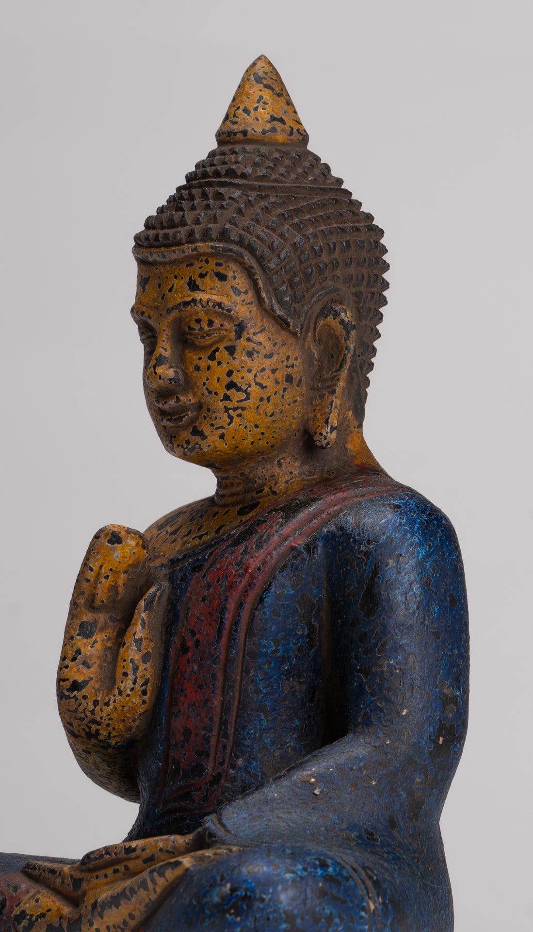 Buddha Statue - Antique Khmer Style Cambodia Seated Wood Buddha Statue Teaching Mudra - 21cm/8"