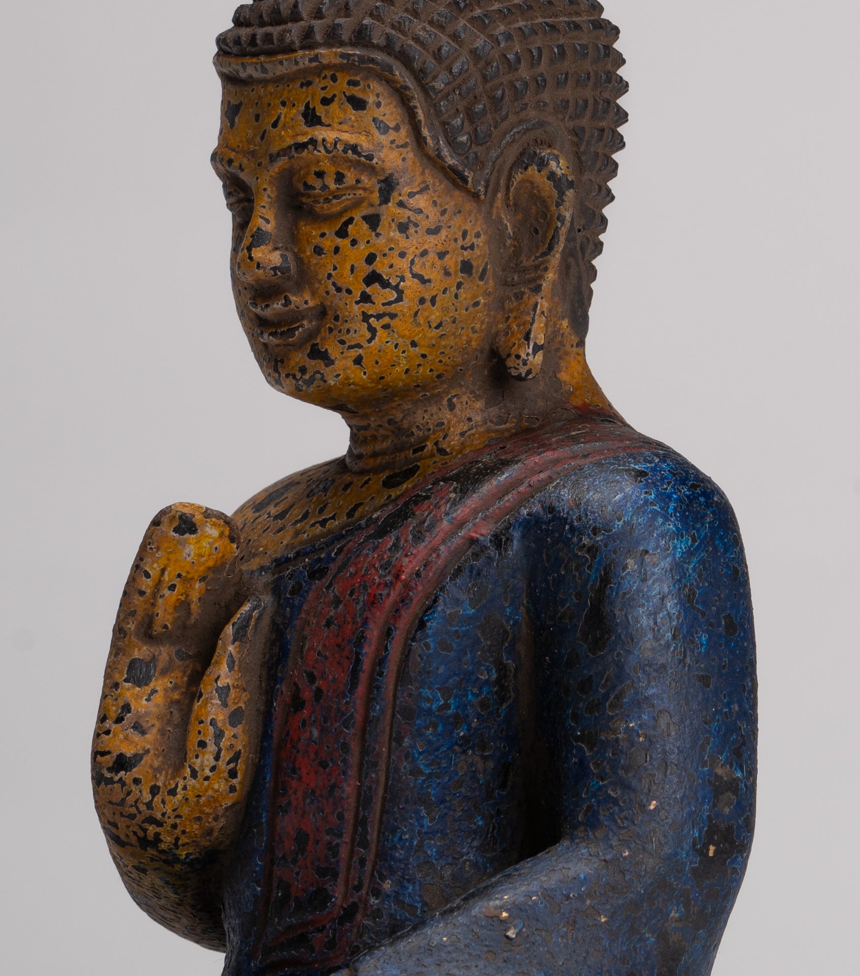 Buddha Statue - Antique Khmer Style Cambodia Seated Wood Buddha Statue Teaching Mudra - 21cm/8"