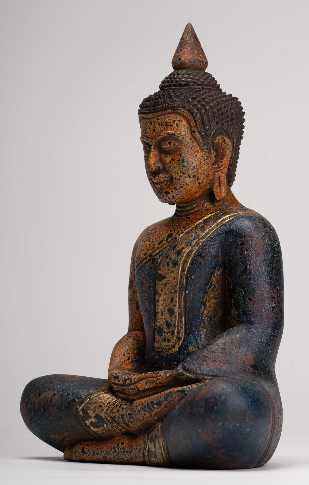 Buddha Sculpture - Antique Khmer Style Wood Seated Buddha Statue Dhyana Meditation Mudra - 28cm/11"