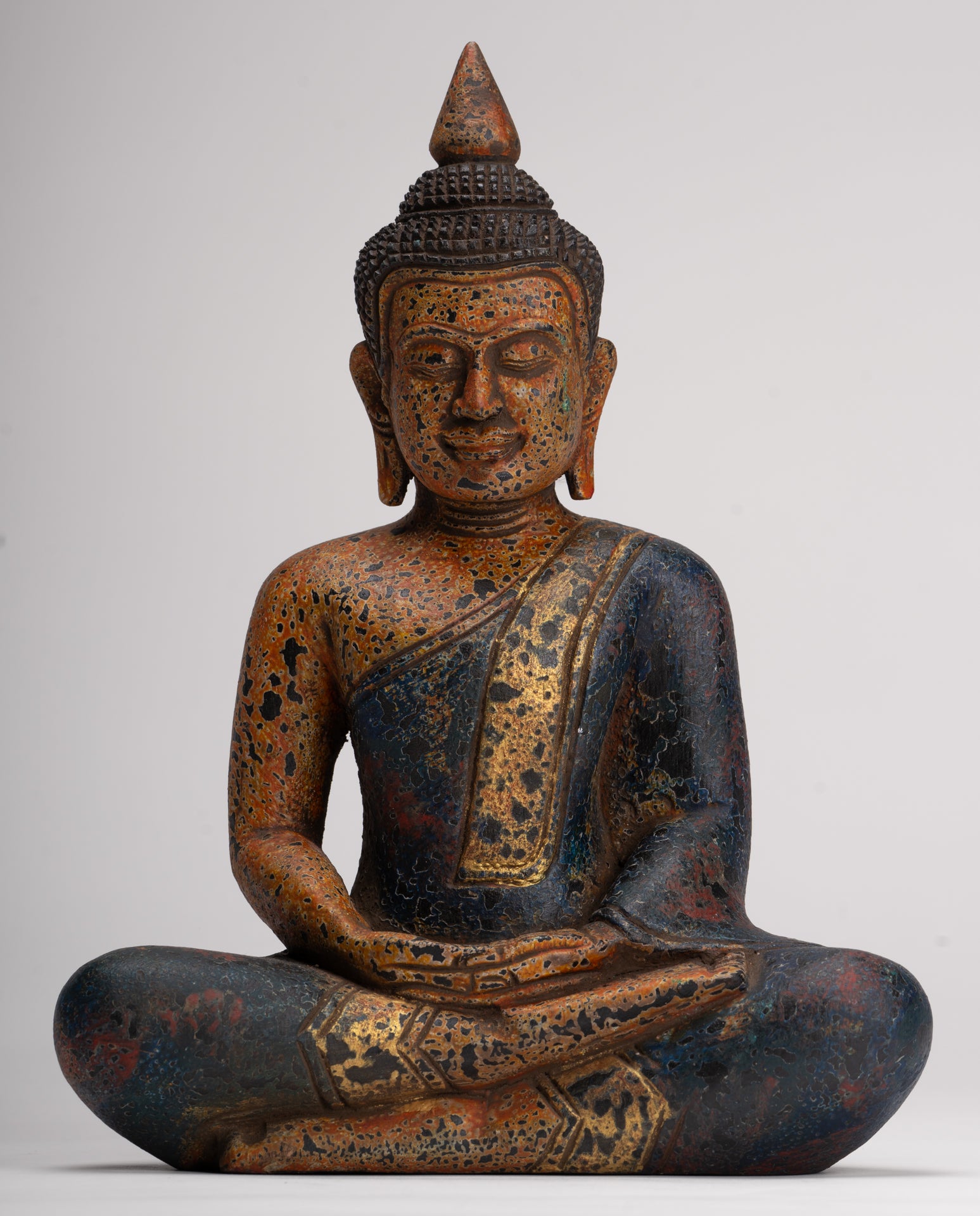 Buddha Sculpture - Antique Khmer Style Wood Seated Buddha Statue Dhyana Meditation Mudra - 28cm/11"
