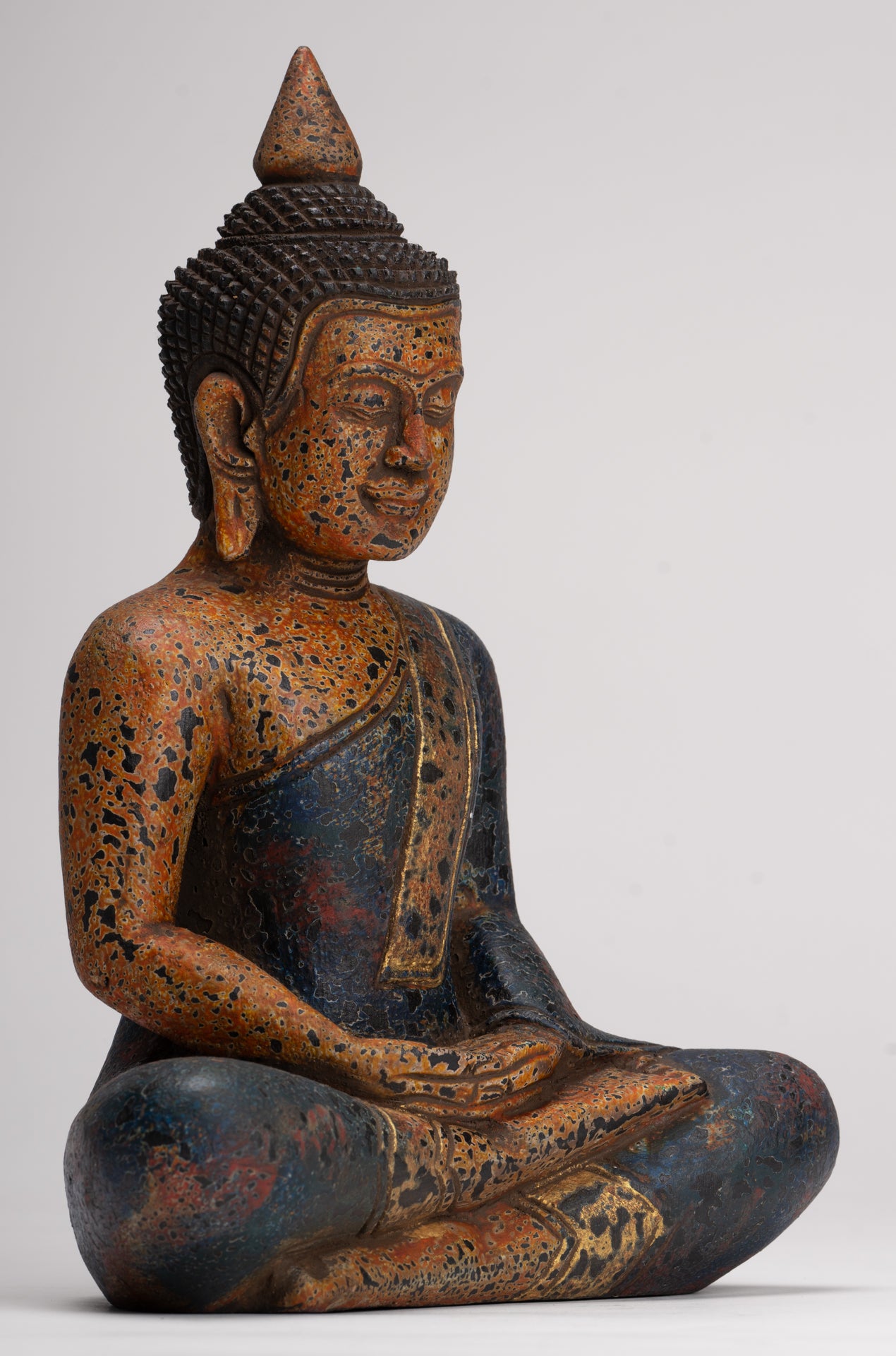 Buddha Sculpture - Antique Khmer Style Wood Seated Buddha Statue Dhyana Meditation Mudra - 28cm/11"