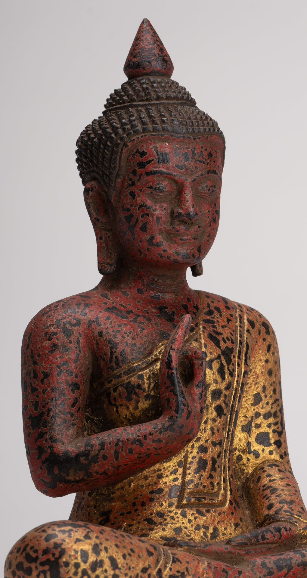 Buddha Statue - Antique Khmer Style Cambodia Seated Wood Buddha Statue Teaching Mudra - 26cm/10"