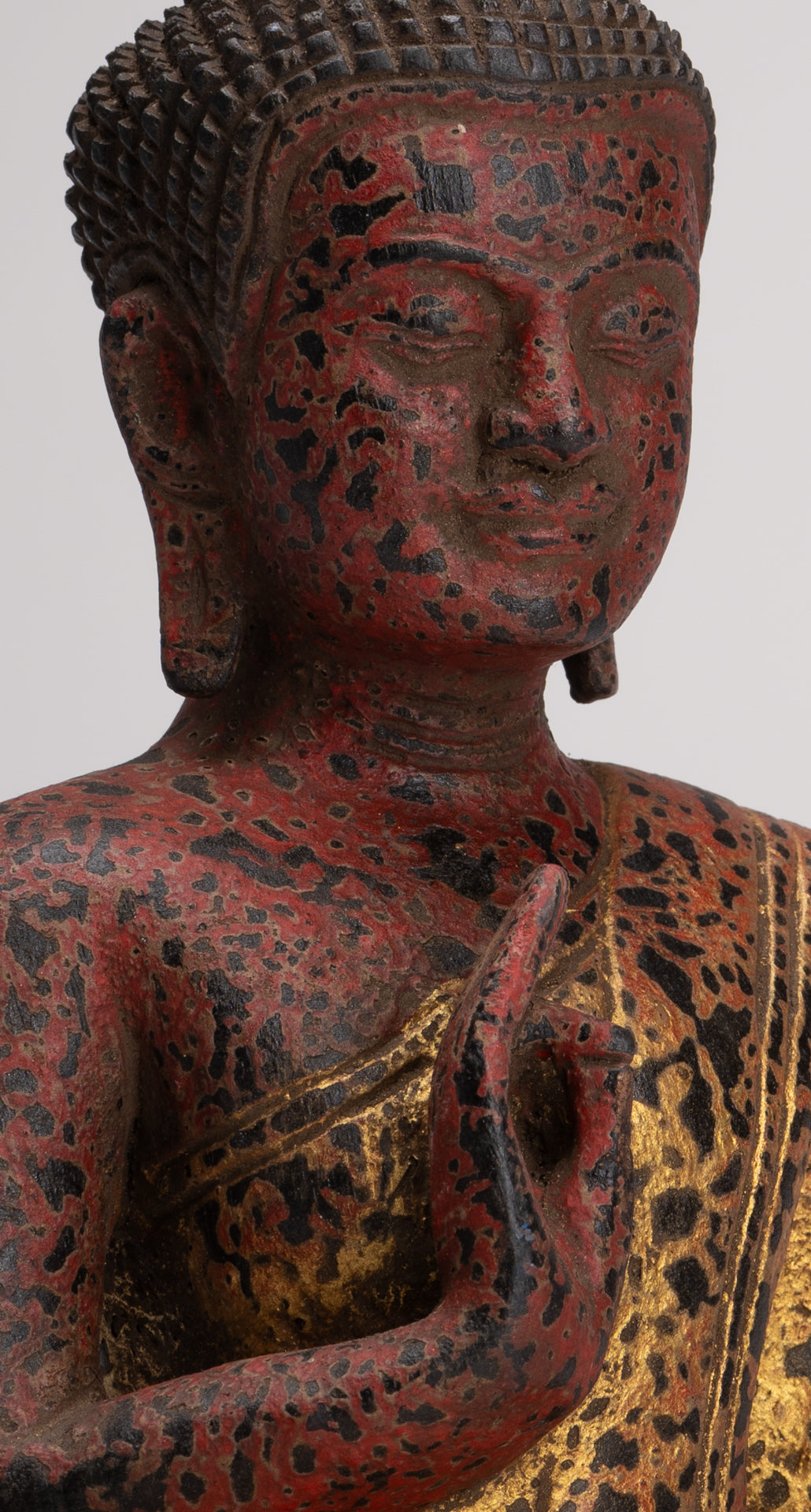 Buddha Statue - Antique Khmer Style Cambodia Seated Wood Buddha Statue Teaching Mudra - 26cm/10"