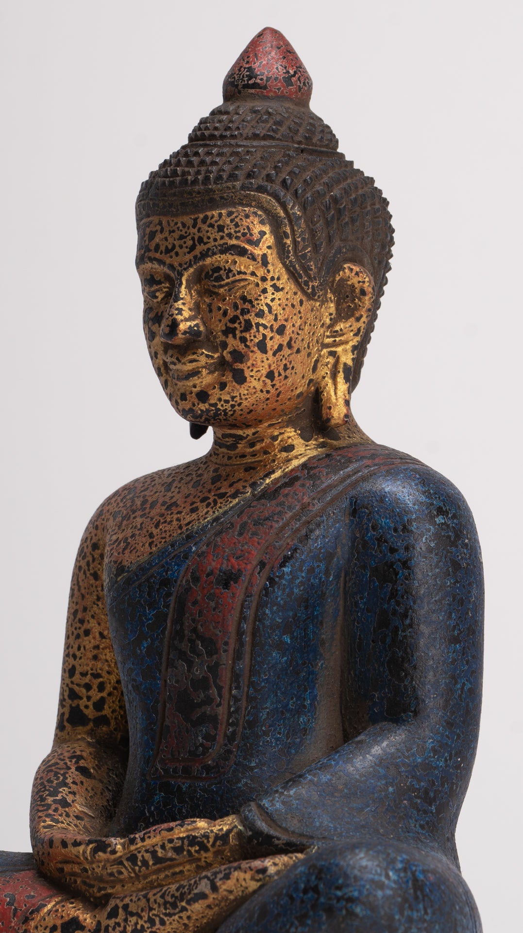 Buddha Sculpture - Antique Khmer Style Wood Seated Buddha Statue Dhyana Meditation Mudra - 26cm/11"