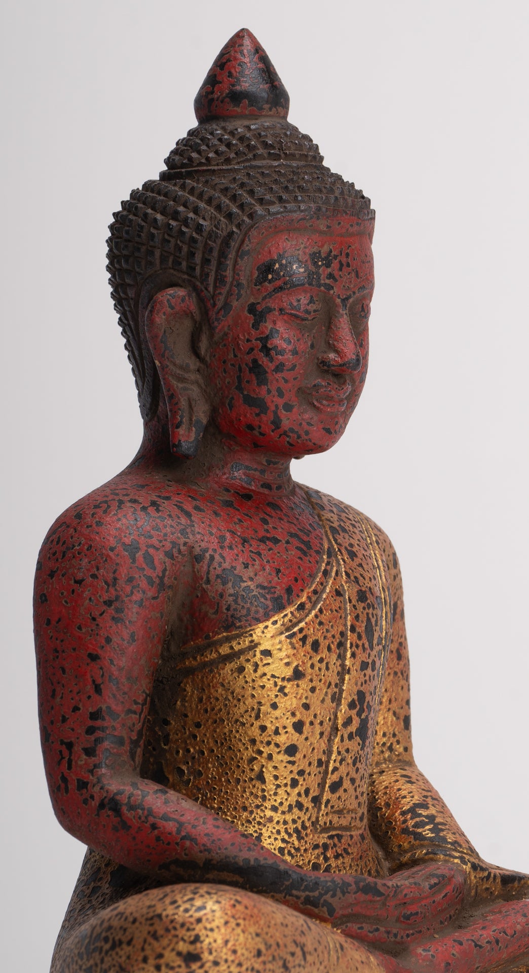 Buddha Sculpture - Antique Khmer Style Wood Seated Buddha Statue Dhyana Meditation Mudra - 26cm/11"