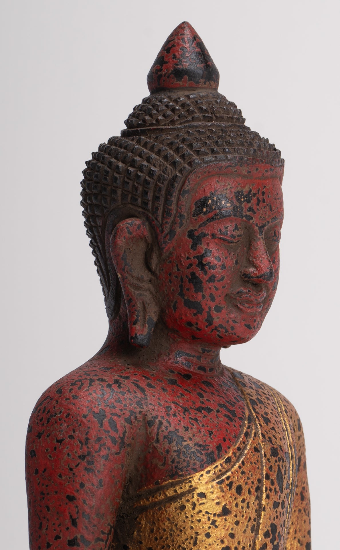 Buddha Sculpture - Antique Khmer Style Wood Seated Buddha Statue Dhyana Meditation Mudra - 26cm/11"
