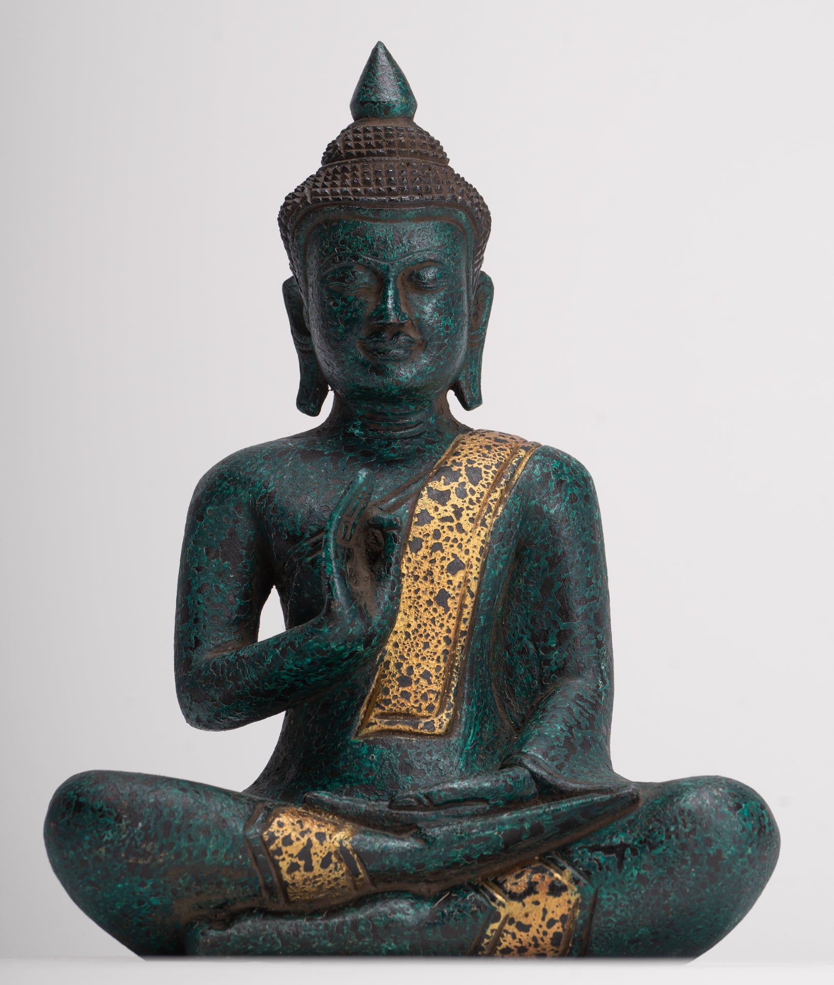 Buddha Statue - Antique Khmer Style Cambodia Seated Wood Buddha Statue Teaching Mudra - 26cm/10"