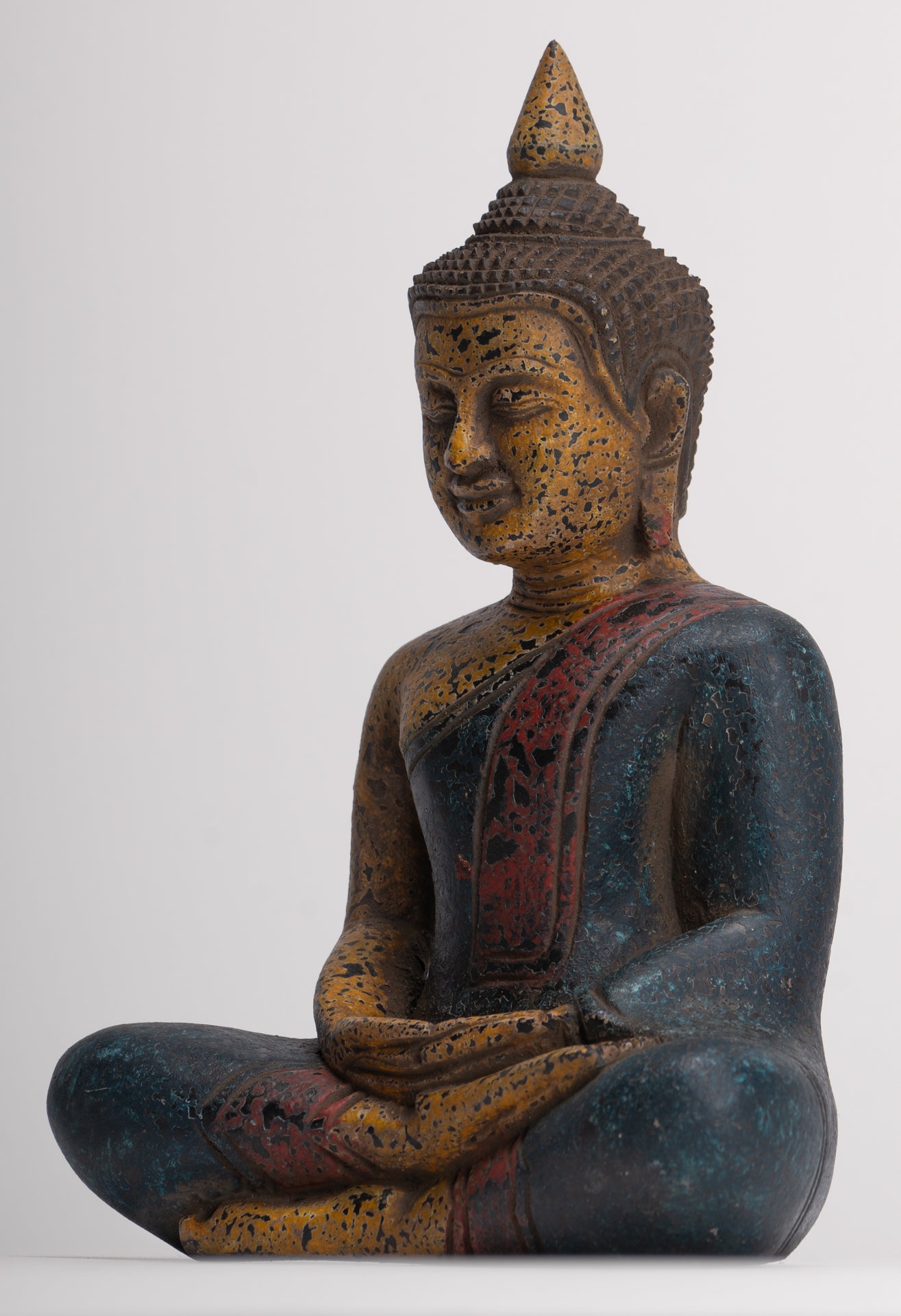 Buddha Sculpture - Antique Khmer Style Wood Seated Buddha Statue Dhyana Meditation Mudra - 20cm/8"